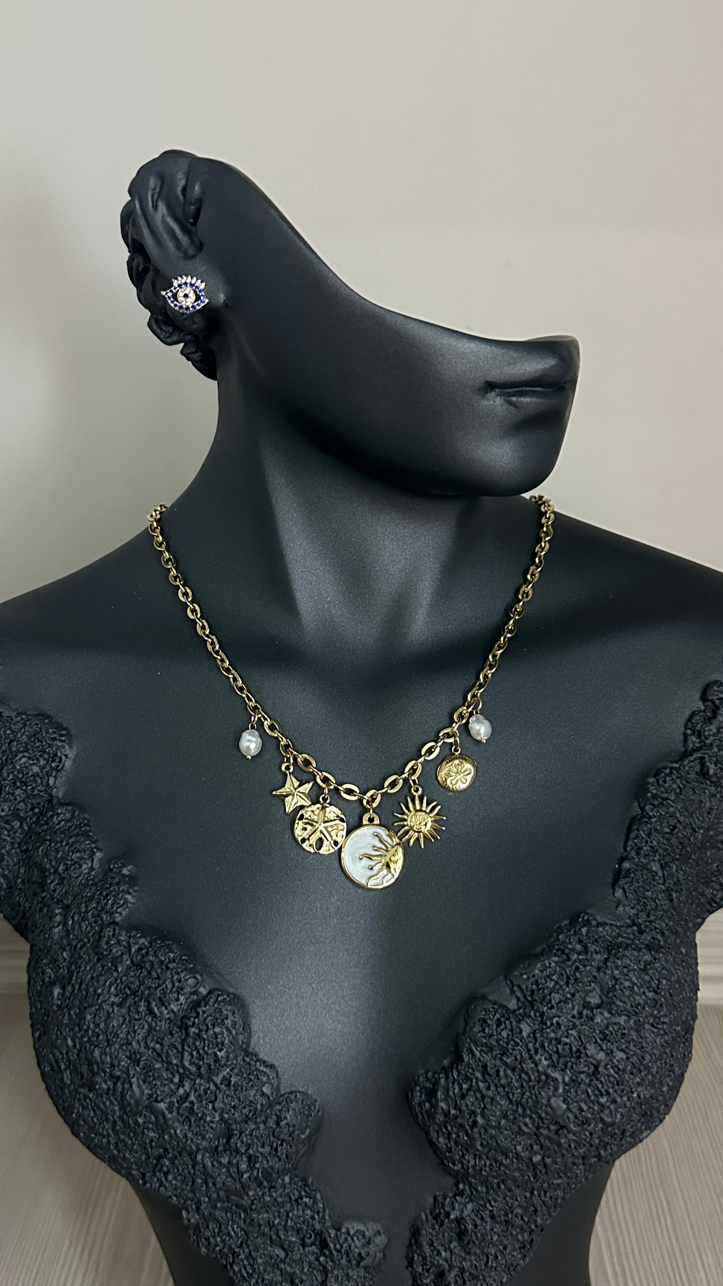 316L Çelik Gold Bohem Beyaz Mineli Gün Batımı Charm Figür Detay Kadın Kolye