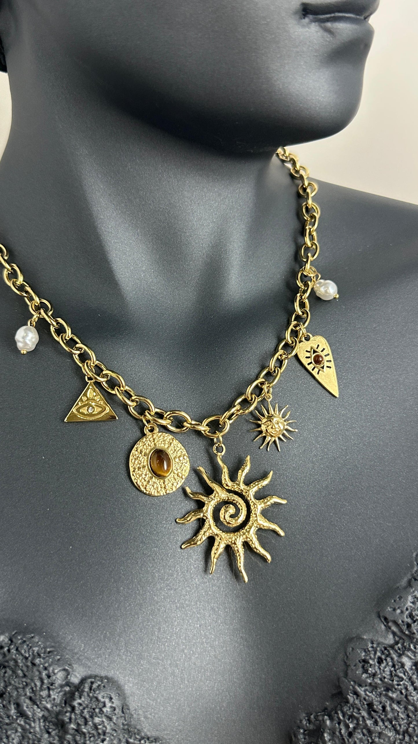 316L Çelik Gold Bohem Halka Zincir Model Sallantı Güneş Figür Göz Detay Kadın Kolye