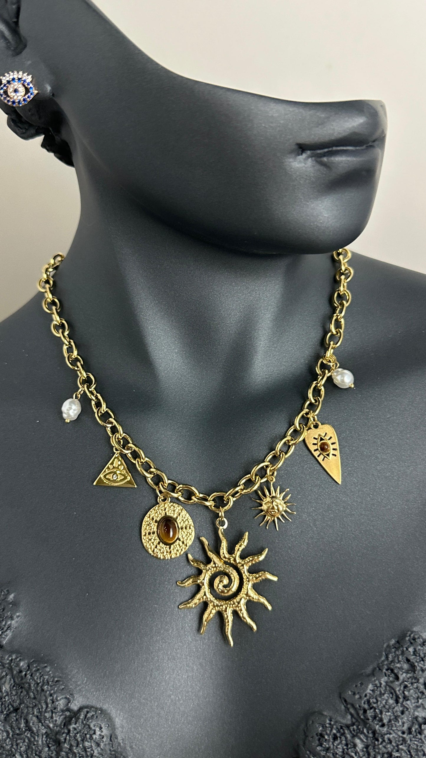 316L Çelik Gold Bohem Halka Zincir Model Sallantı Güneş Figür Göz Detay Kadın Kolye