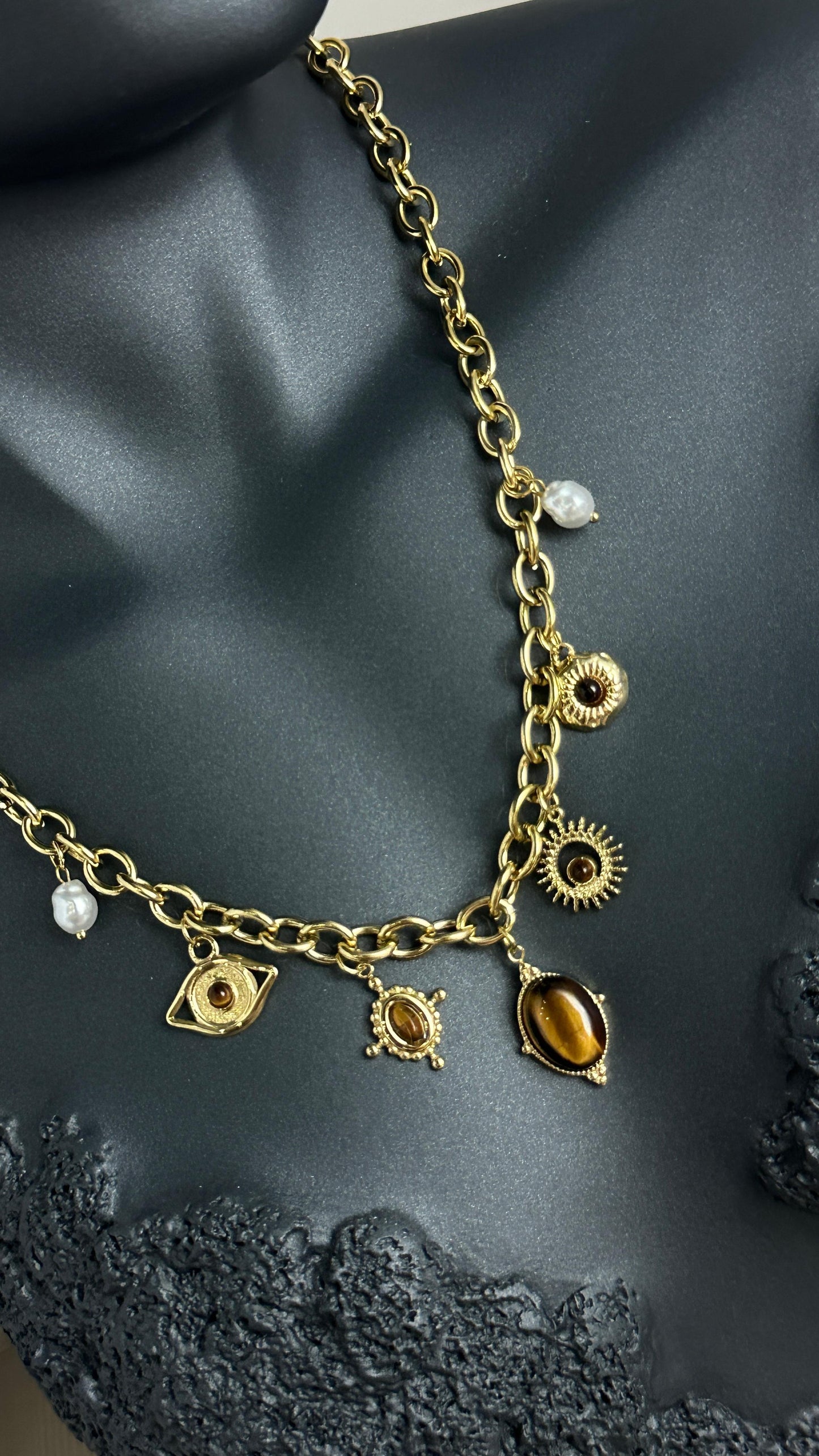 316L Çelik Gold Bohem Kaplan Göz Çharm Figür Kadın Kolye