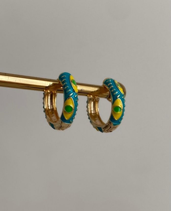 Çelik Halka Desenli Mavi Sarı Göz Küpe