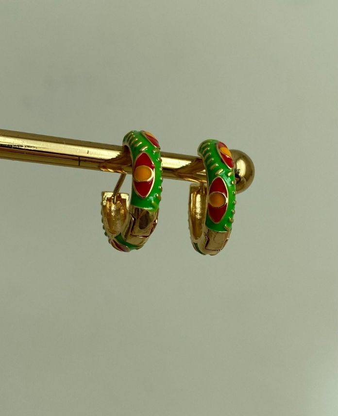 Çelik Halka Göz Desenli Yeşil Kırmızı Küpe