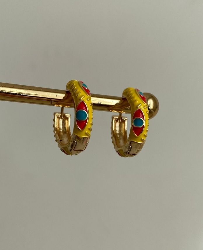 Çelik Halka Desenli Sarı Kırmızı Küpe