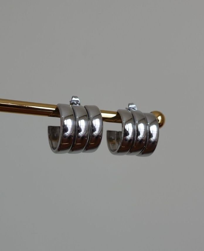 Çelik Silver Üç Çizgi Bombe Küpe