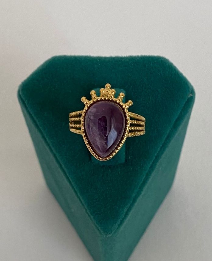 Çelik Gold Ayarlamalı Taşlı Doğal Taş Mor Yüzük