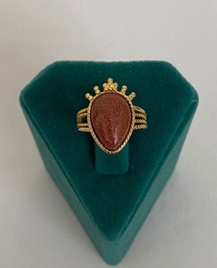 Çelik Gold Ayarlamalı Doğal Taş Turuncu Yüzük