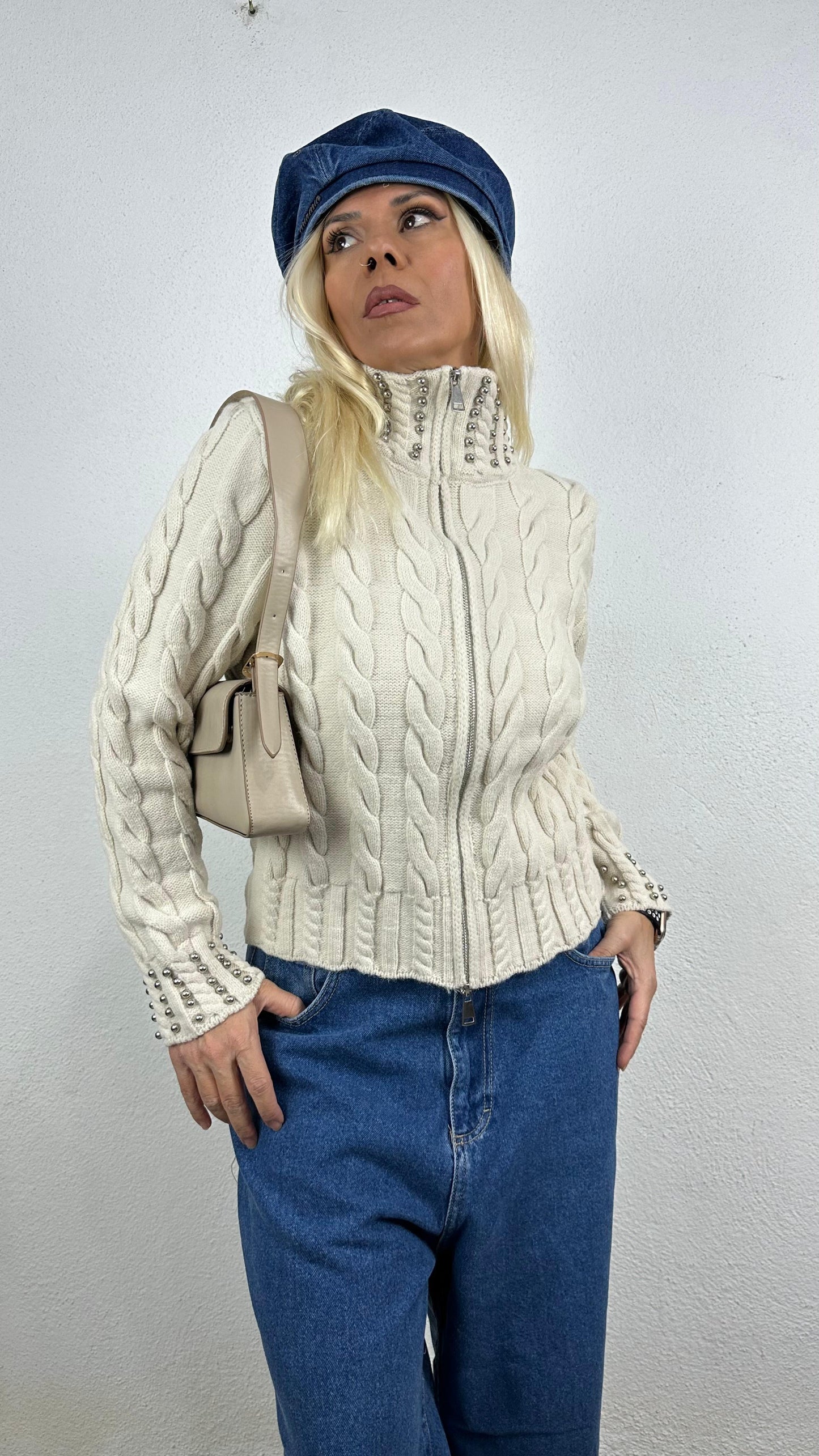 NuNu By Elegant Weave Bej Boncuklu Fermuarlı Kazak
