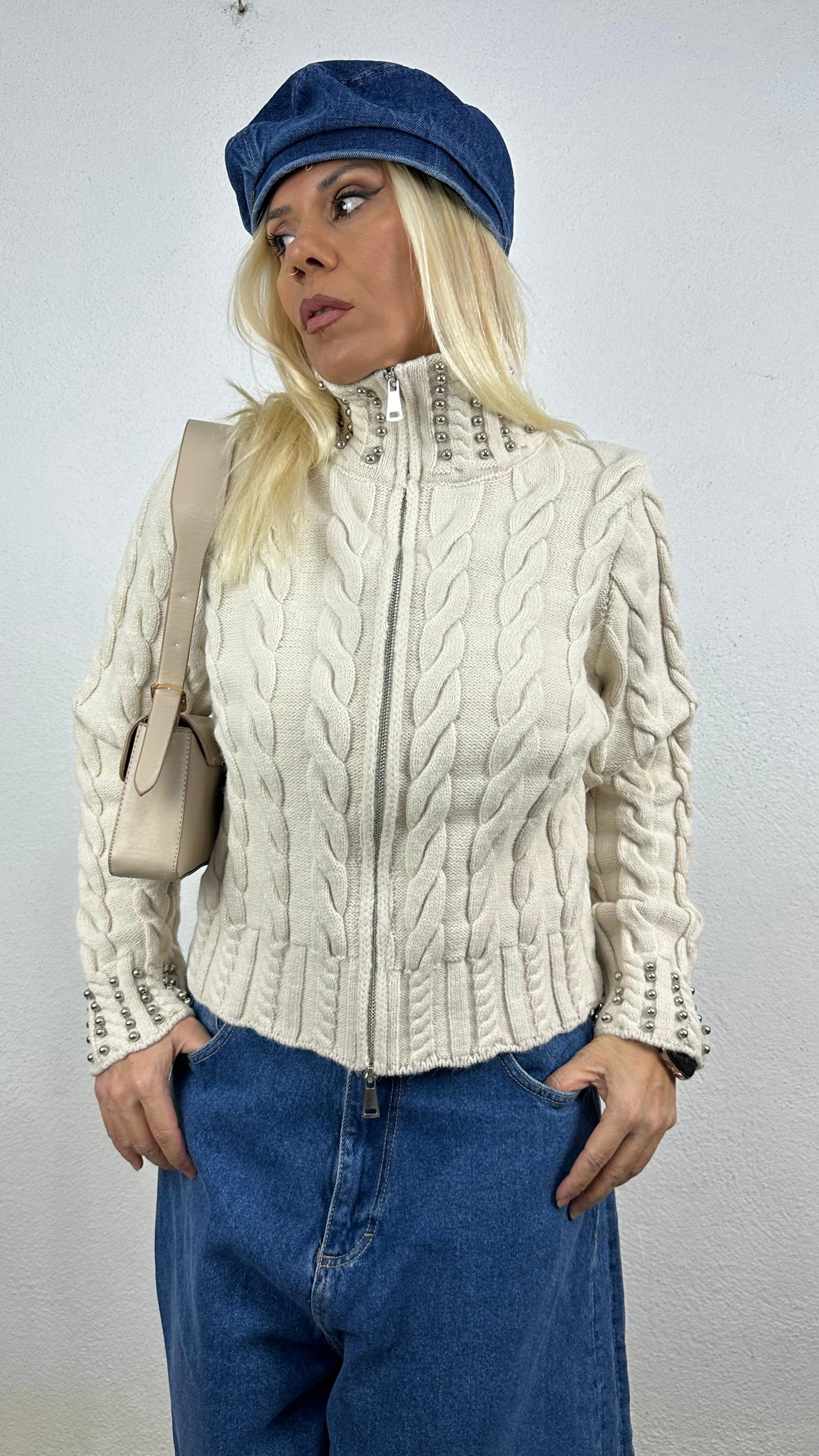 NuNu By Elegant Weave Bej Boncuklu Fermuarlı Kazak