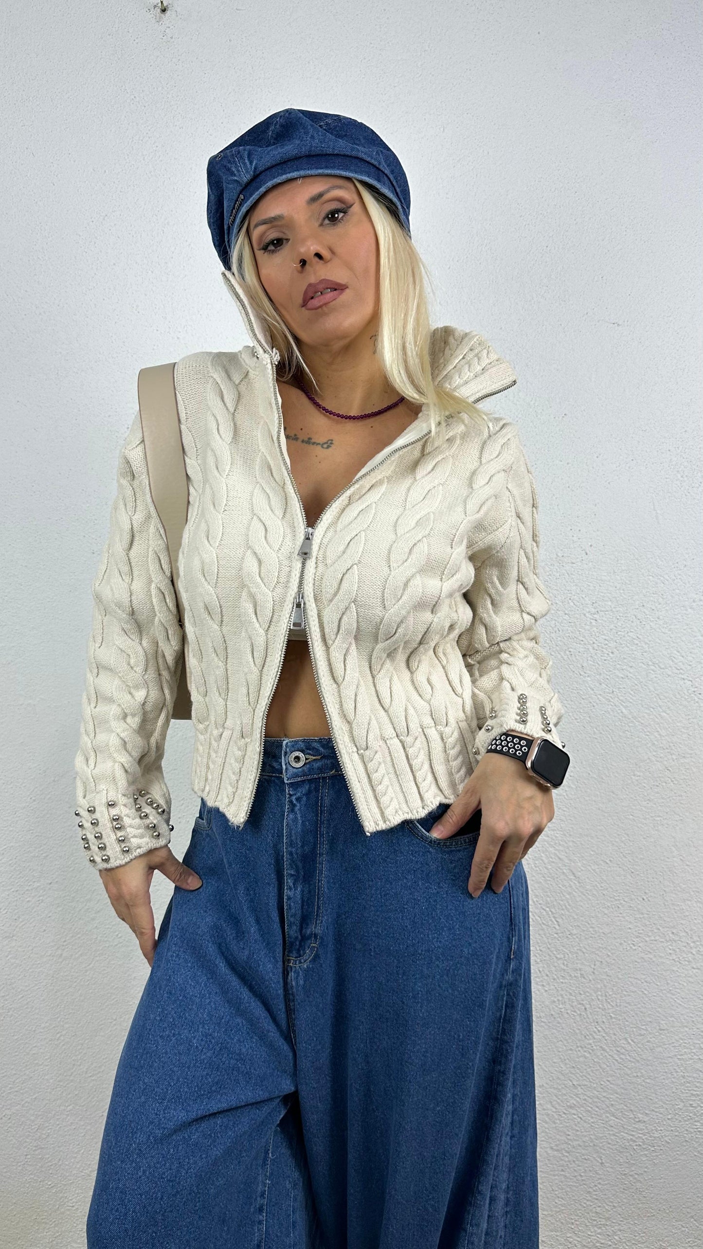 NuNu By Elegant Weave Bej Boncuklu Fermuarlı Kazak