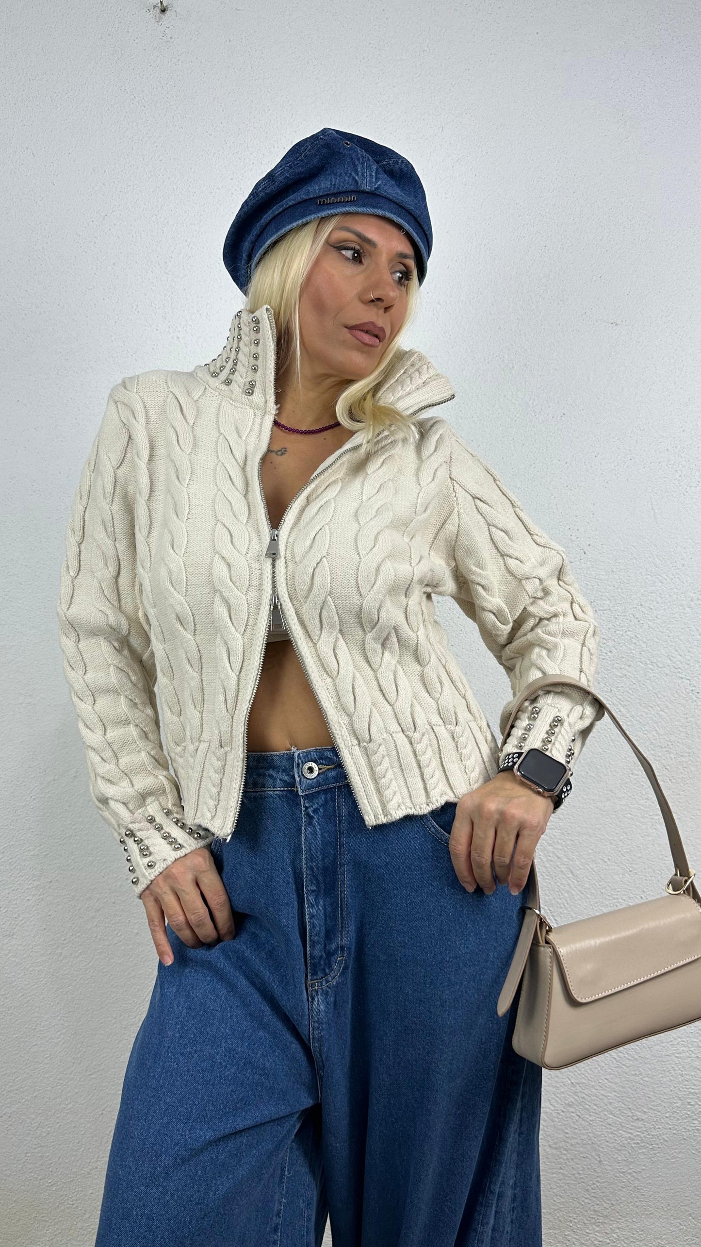 NuNu By Elegant Weave Bej Boncuklu Fermuarlı Kazak