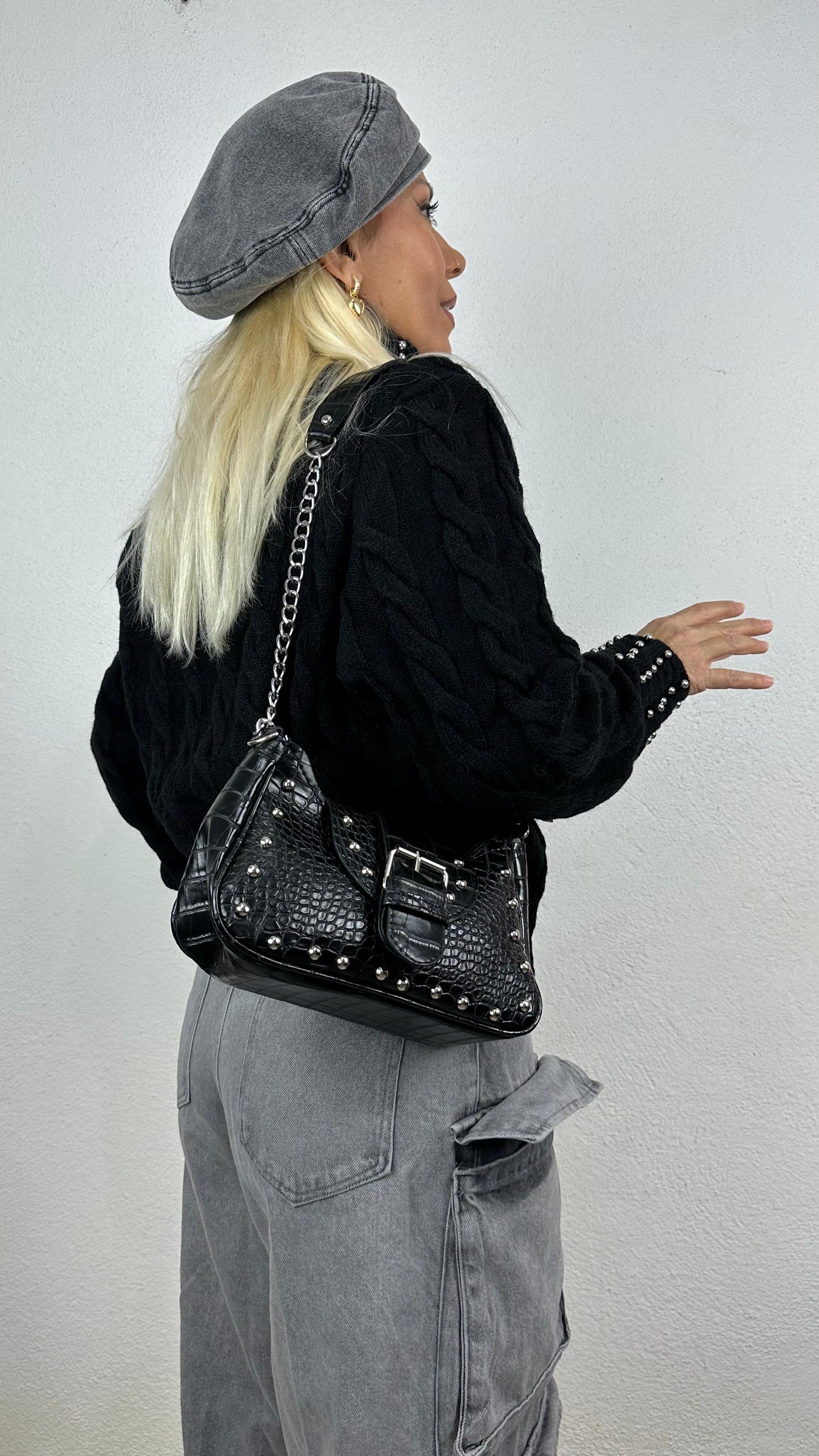 NuNu By Elegant Weave Siyah Boncuklu Fermuarlı Kazak