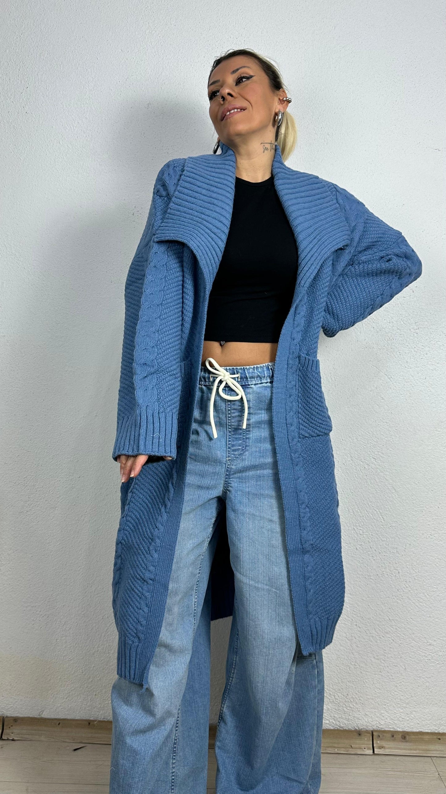 Nunu By Balıksırtı Desenli İndigo Oversize Hırka