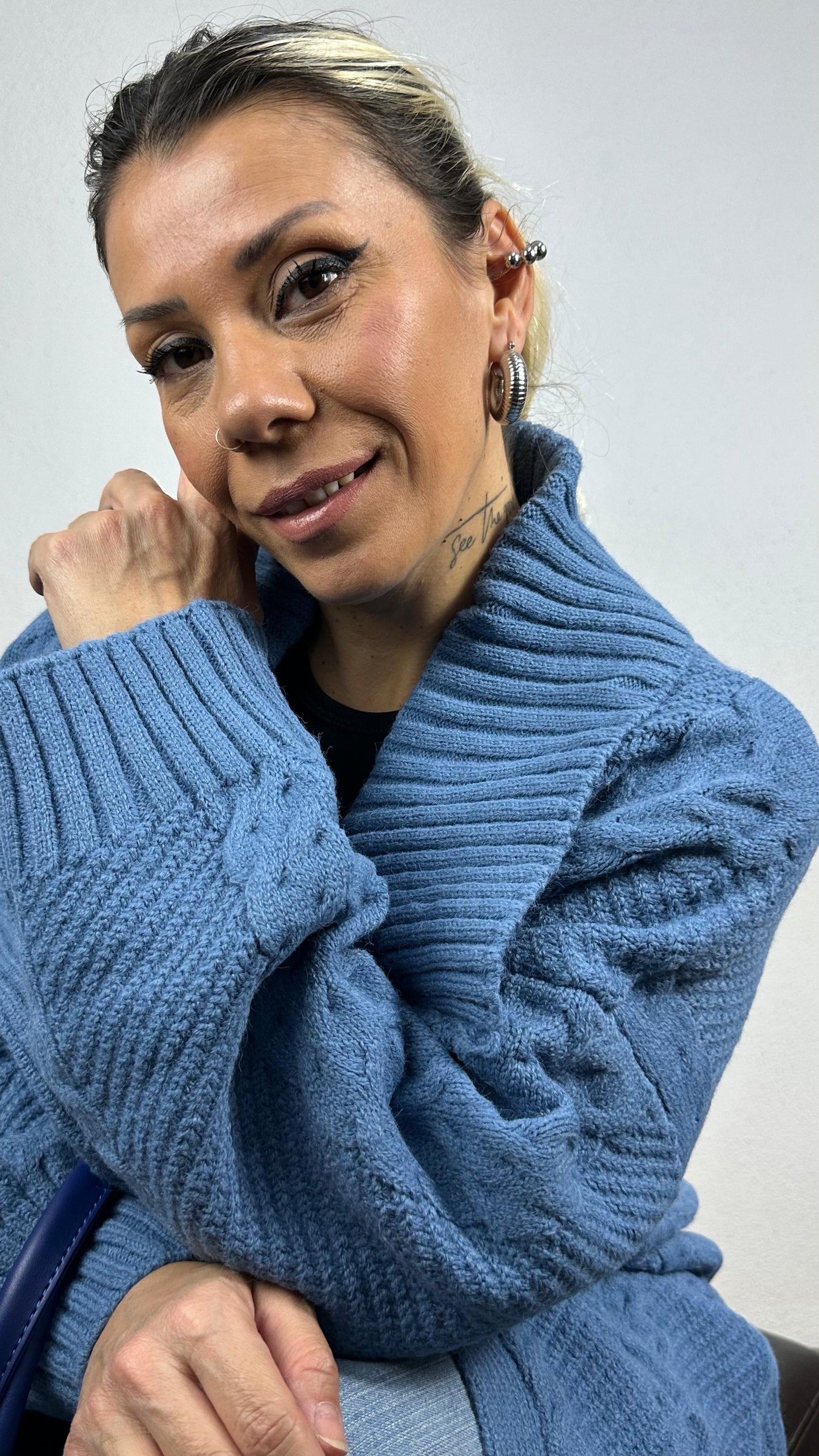 Nunu By Balıksırtı Desenli İndigo Oversize Hırka