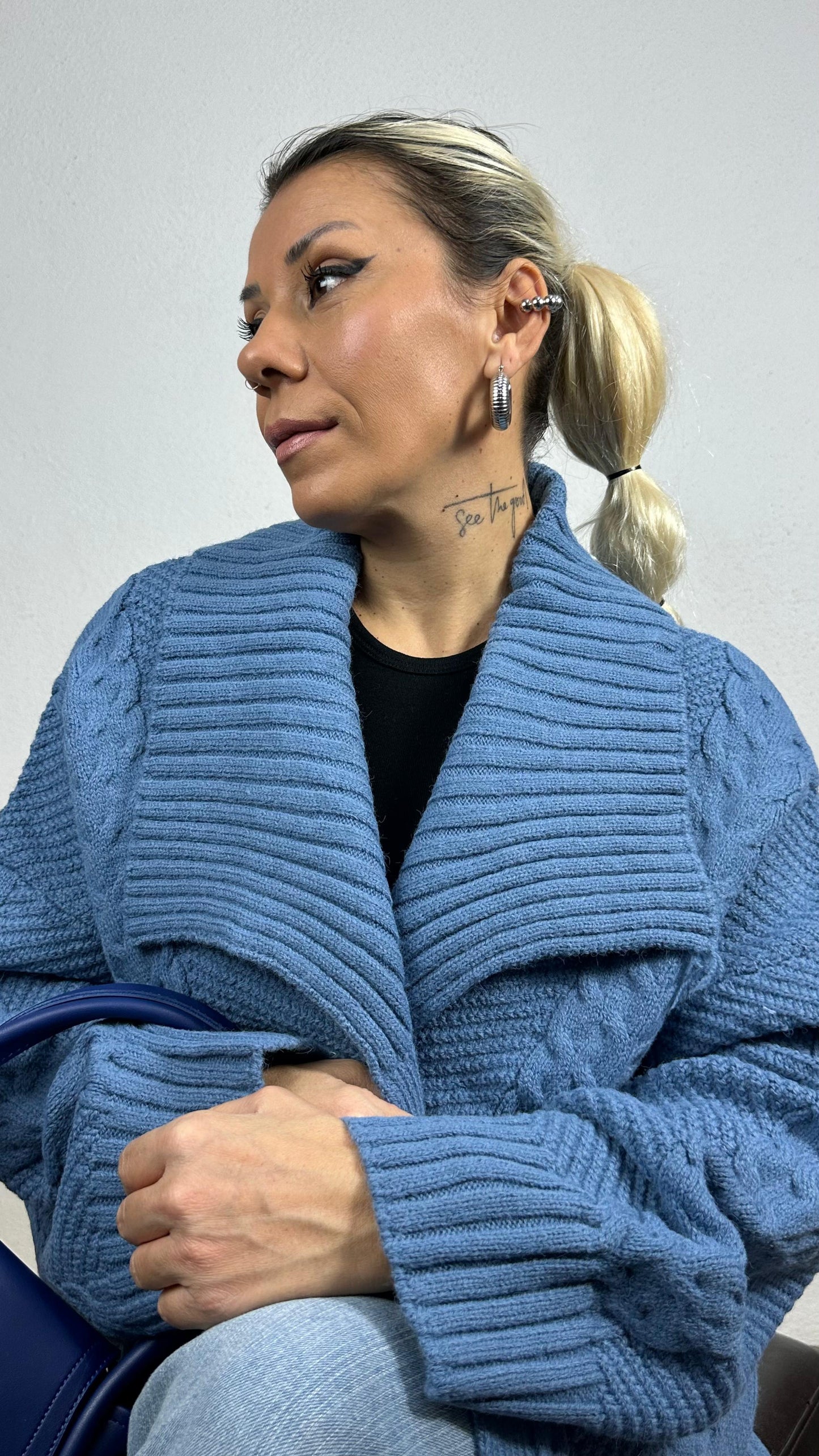 Nunu By Balıksırtı Desenli İndigo Oversize Hırka