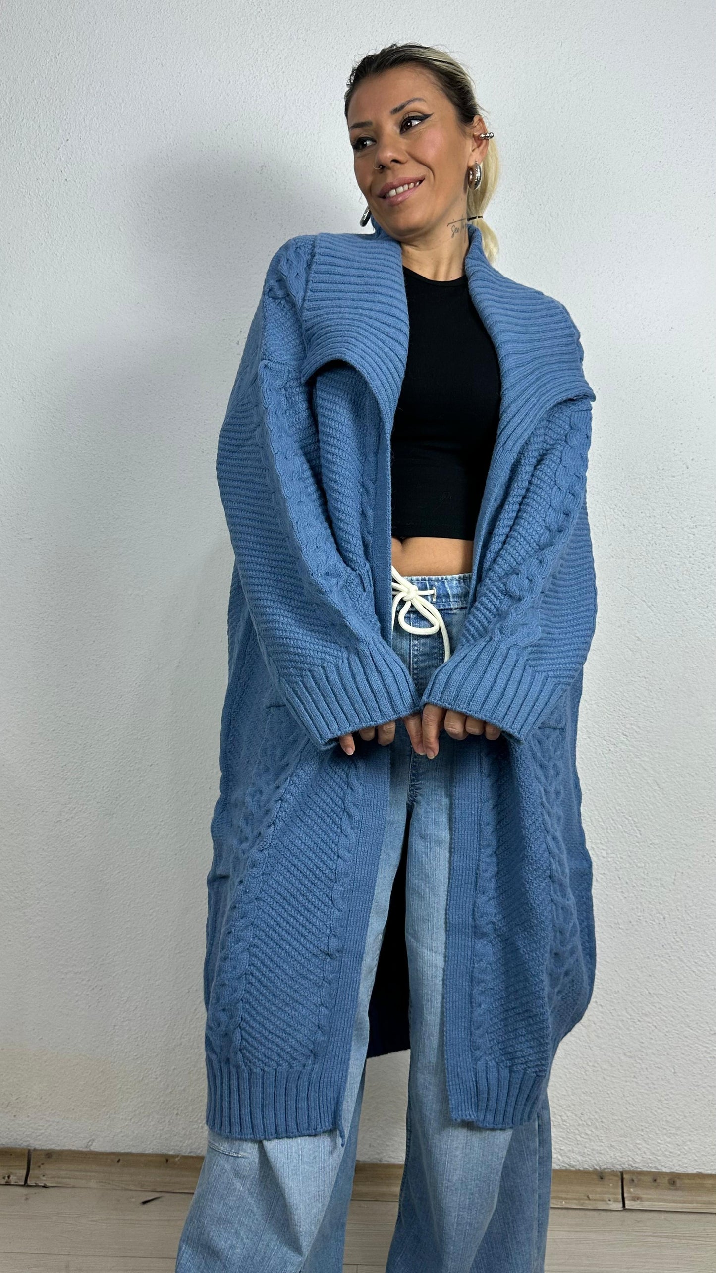 Nunu By Balıksırtı Desenli İndigo Oversize Hırka