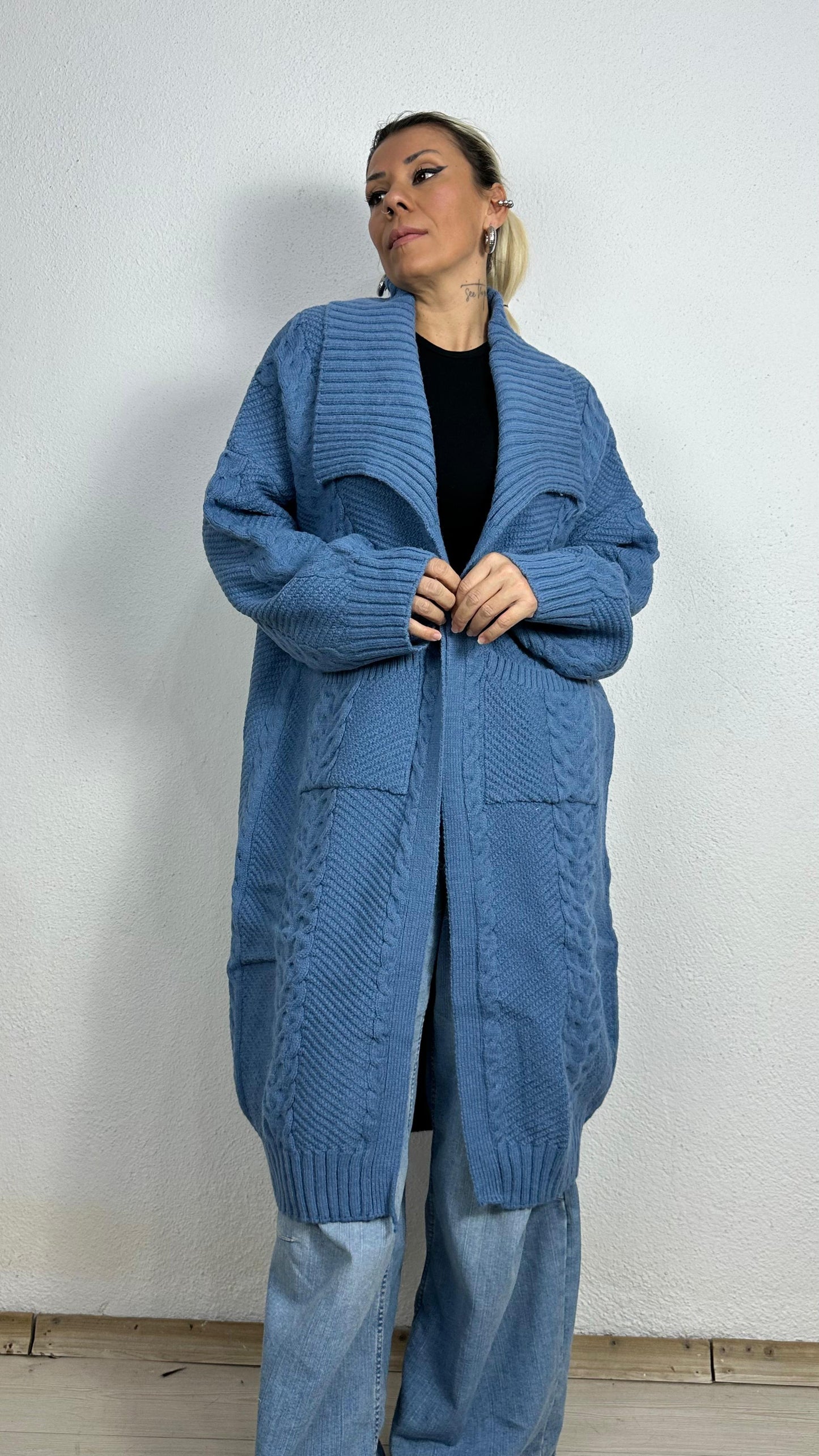 Nunu By Balıksırtı Desenli İndigo Oversize Hırka