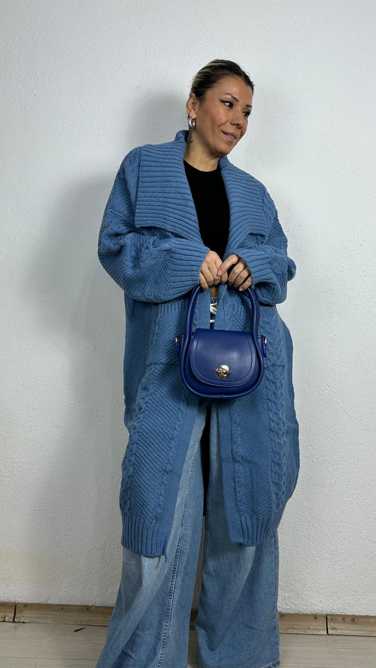 Nunu By Balıksırtı Desenli İndigo Oversize Hırka