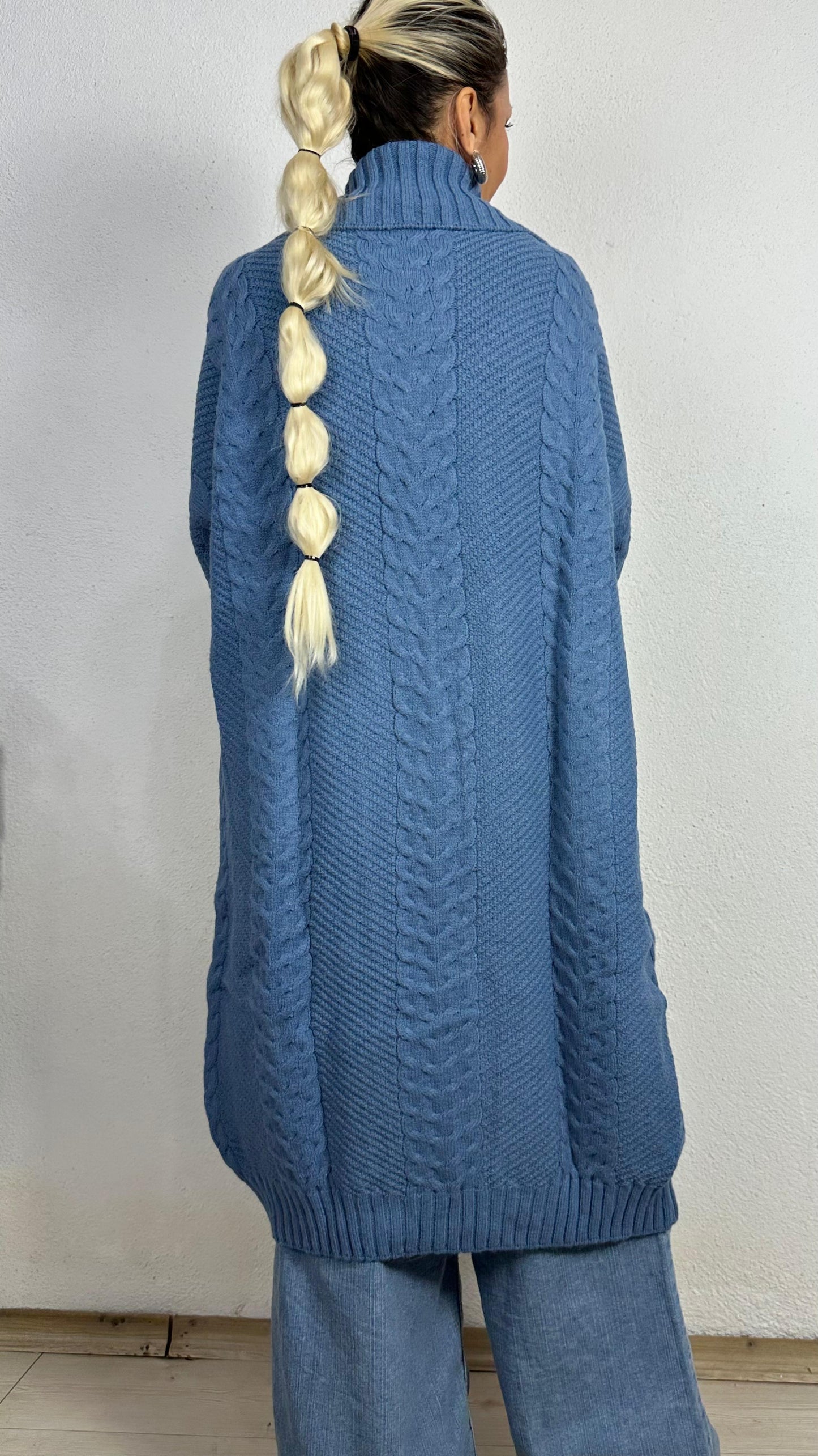 Nunu By Balıksırtı Desenli İndigo Oversize Hırka