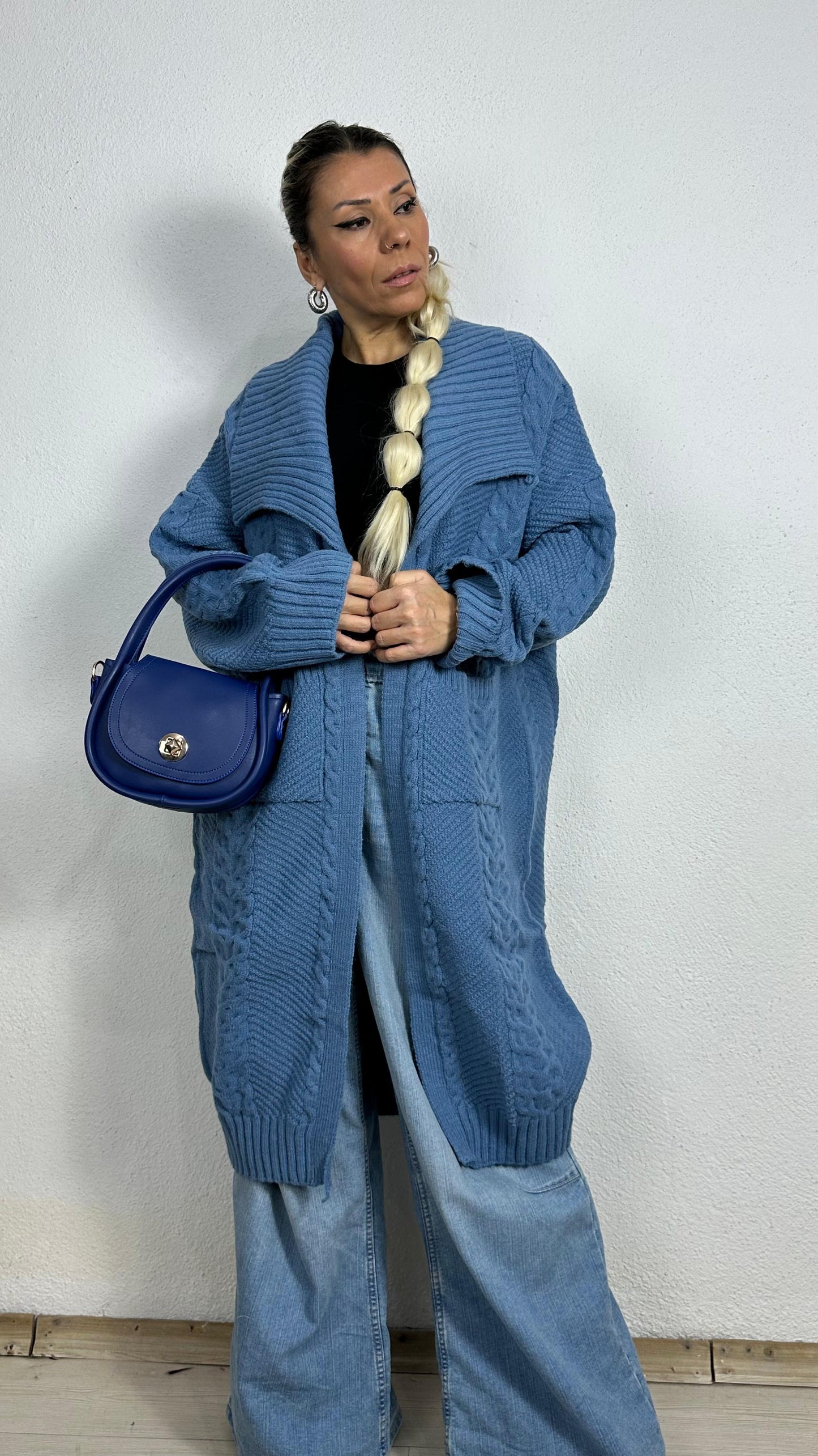 Nunu By Balıksırtı Desenli İndigo Oversize Hırka