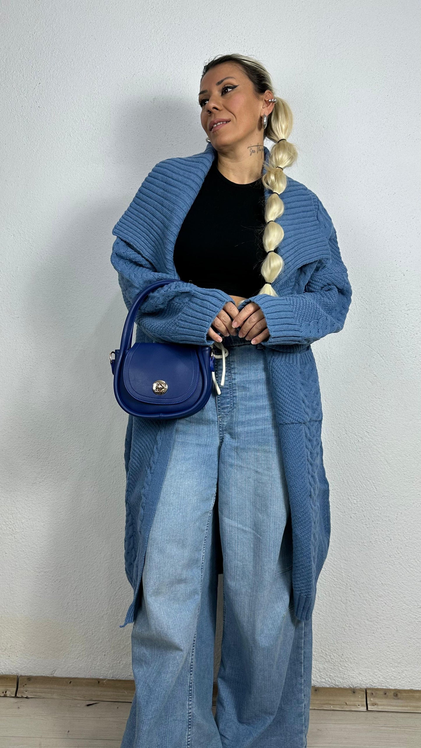 Nunu By Balıksırtı Desenli İndigo Oversize Hırka