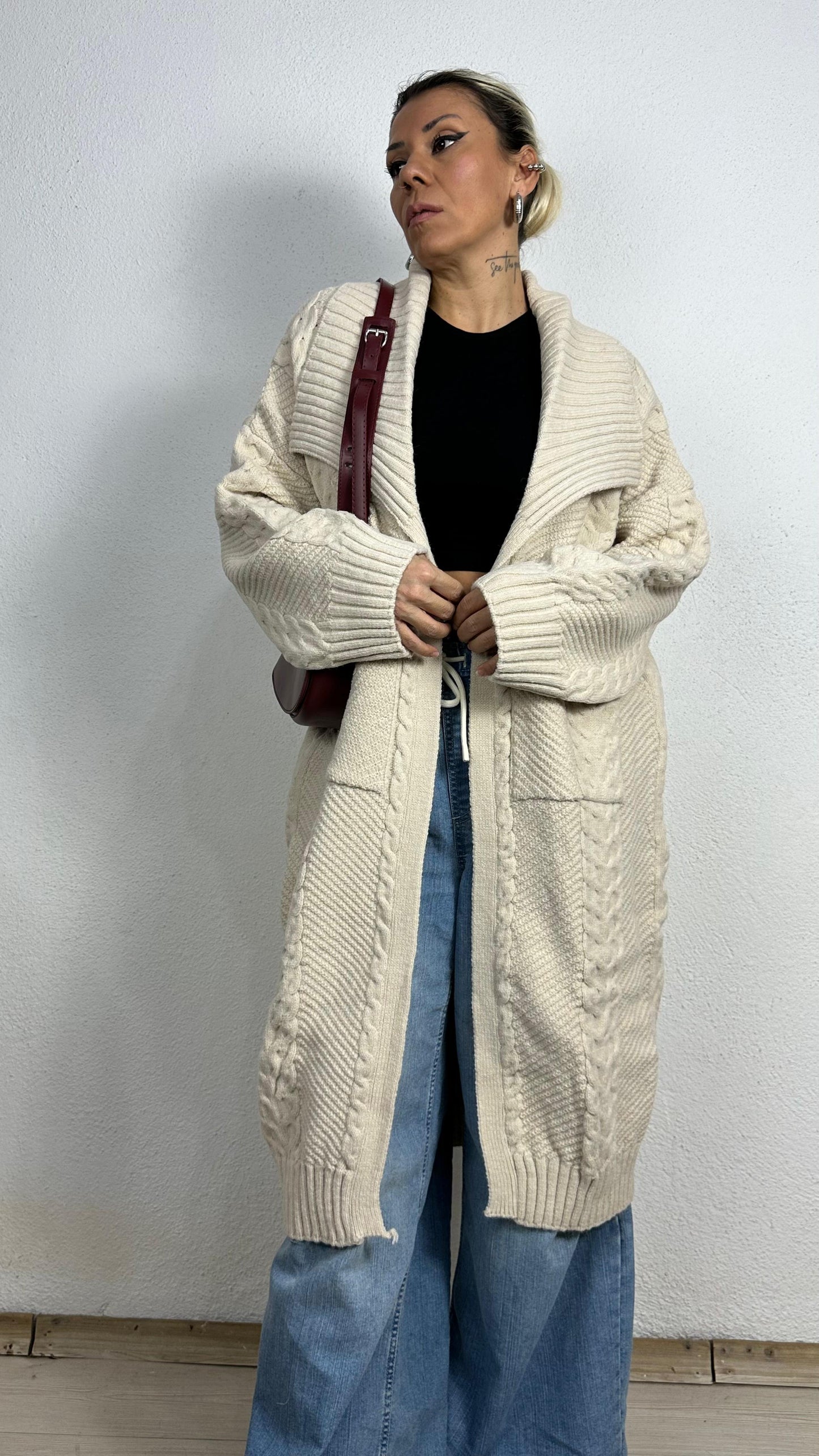 Nunu By Balıksırtı Desenli Krem Oversize Hırka