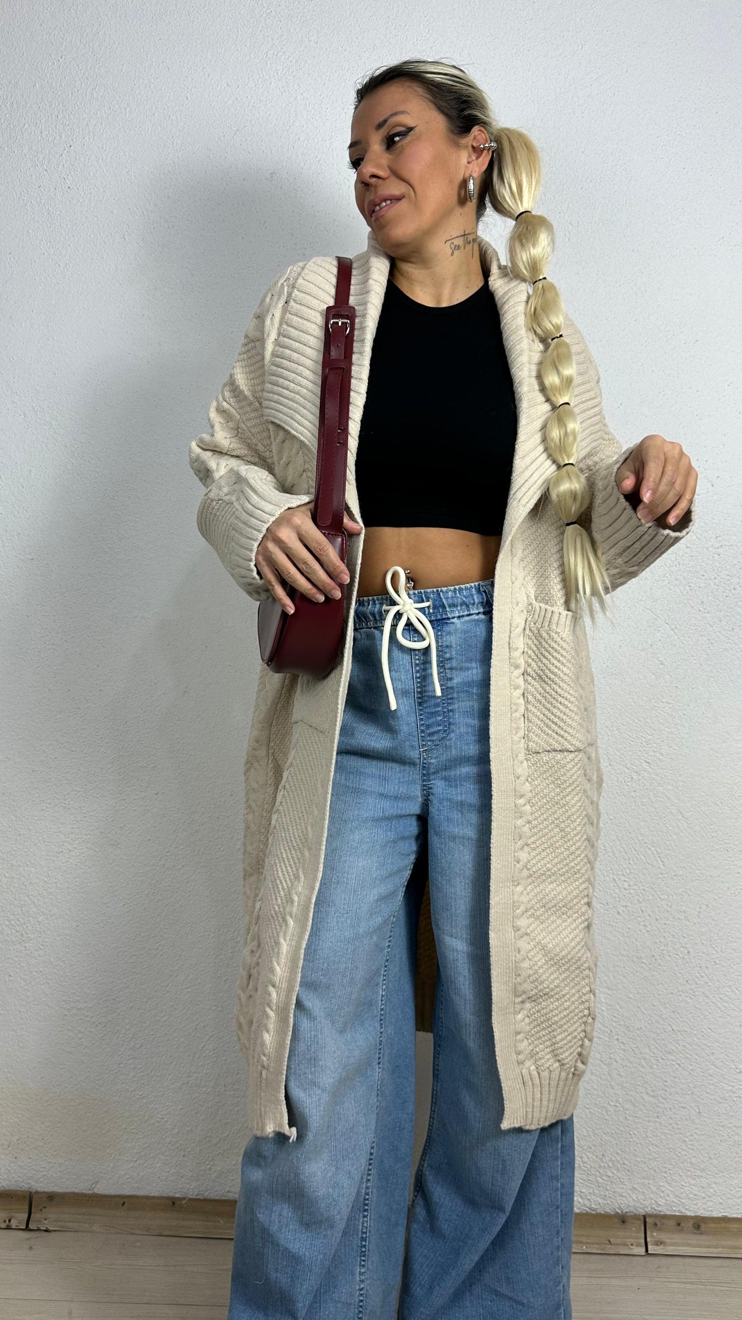 Nunu By Balıksırtı Desenli Krem Oversize Hırka