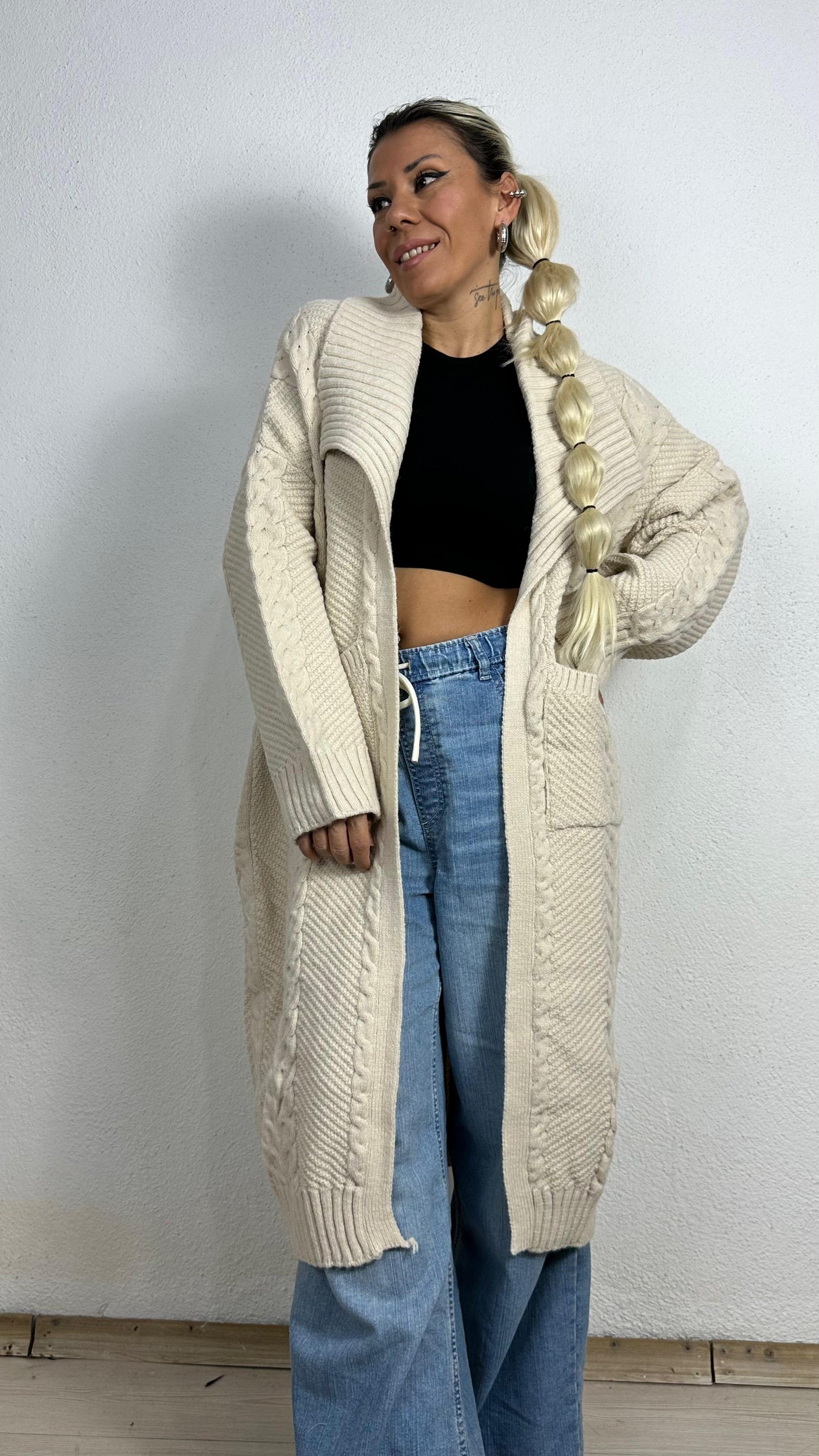 Nunu By Balıksırtı Desenli Krem Oversize Hırka