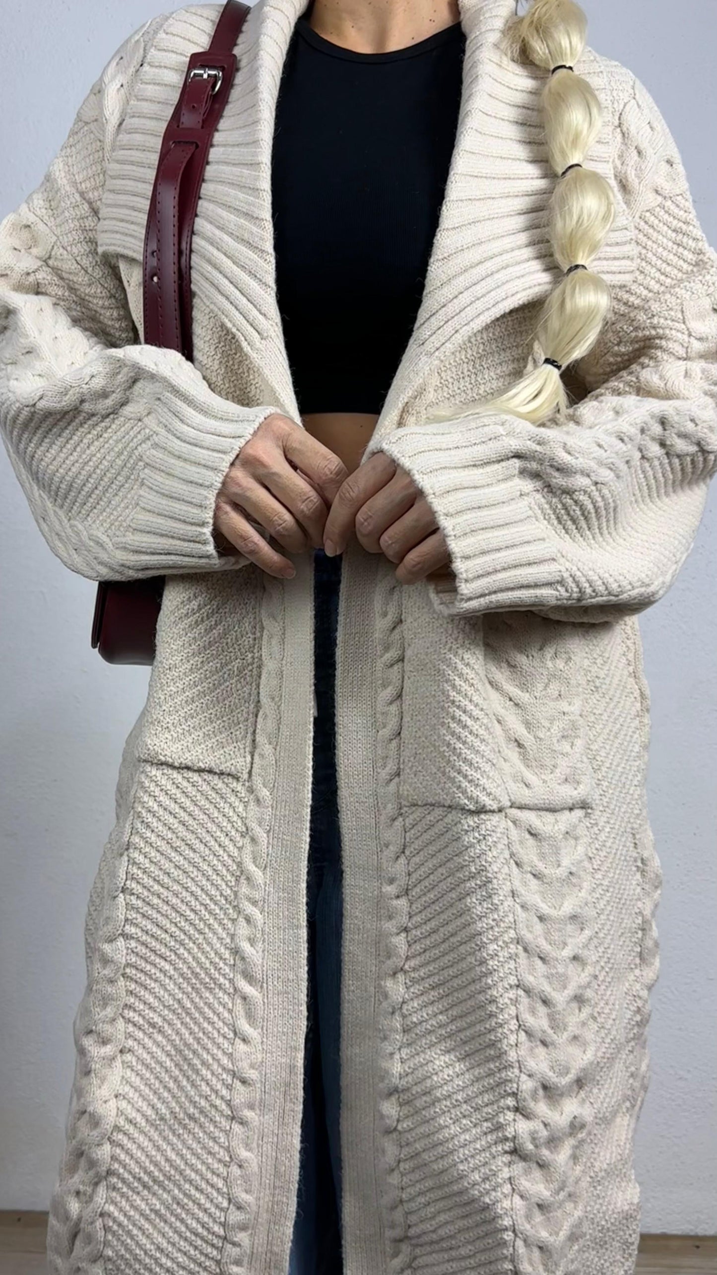 Nunu By Balıksırtı Desenli Krem Oversize Hırka