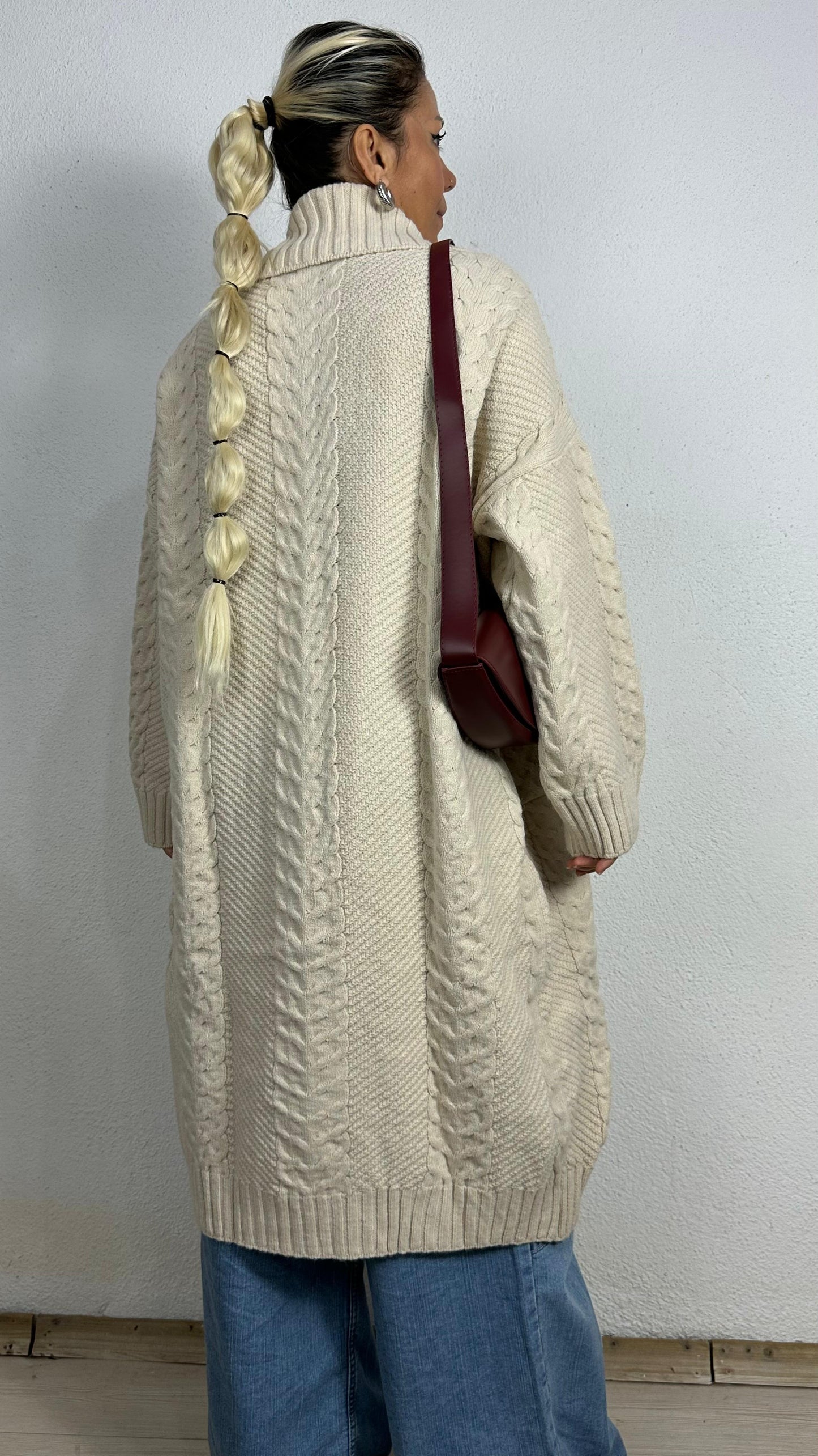 Nunu By Balıksırtı Desenli Krem Oversize Hırka