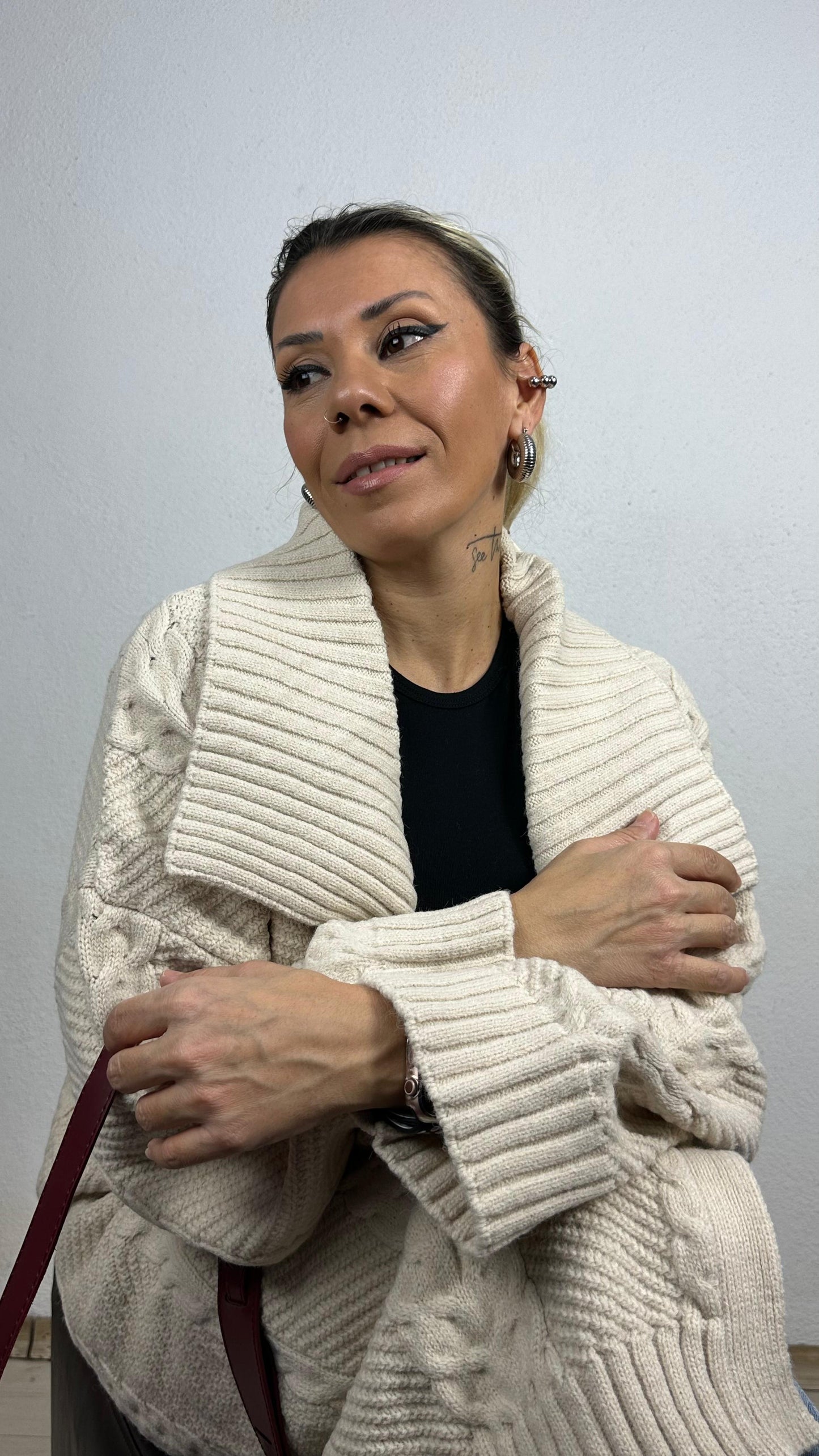Nunu By Balıksırtı Desenli Krem Oversize Hırka