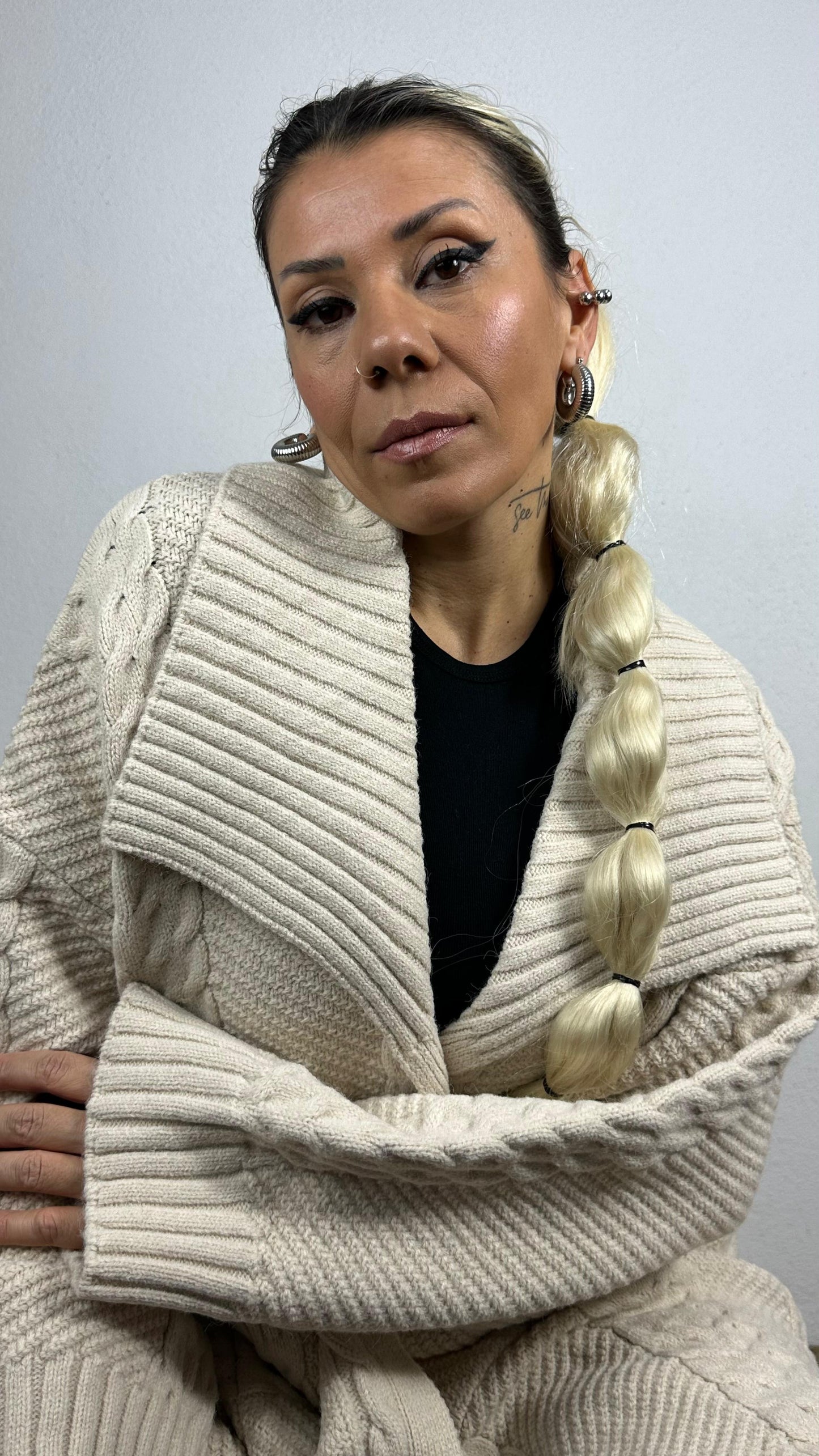Nunu By Balıksırtı Desenli Krem Oversize Hırka