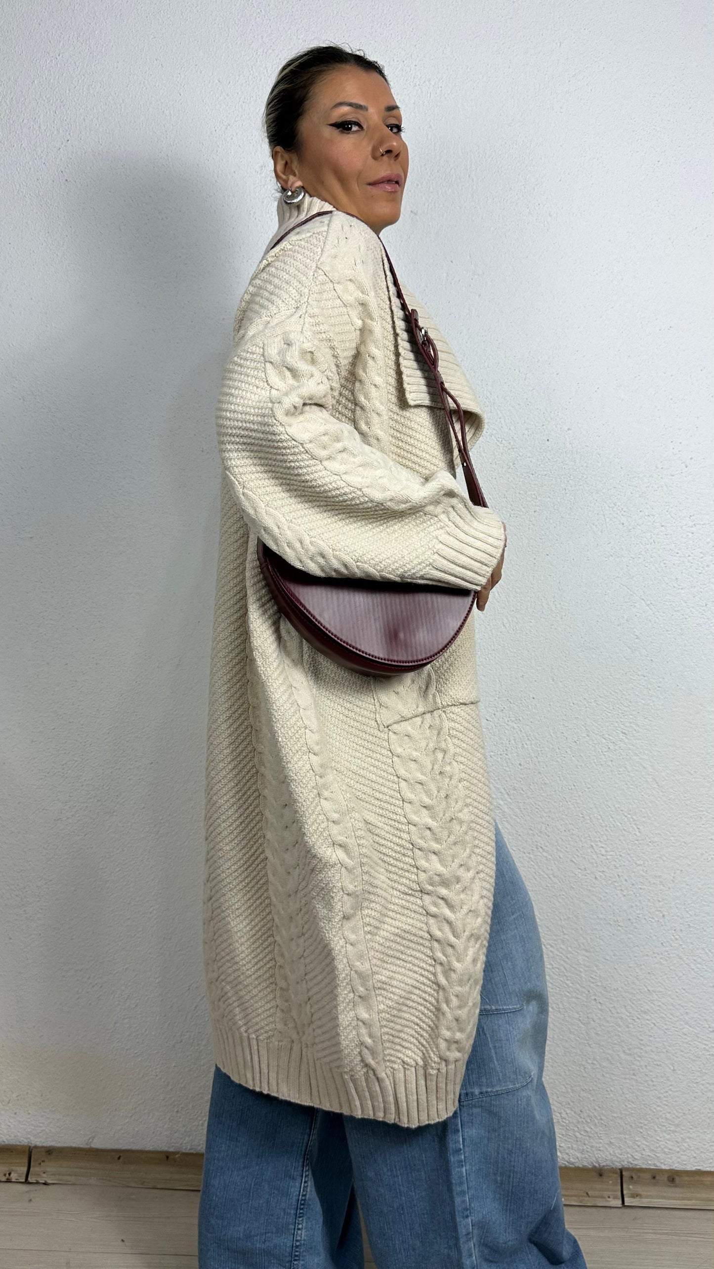 Nunu By Balıksırtı Desenli Krem Oversize Hırka