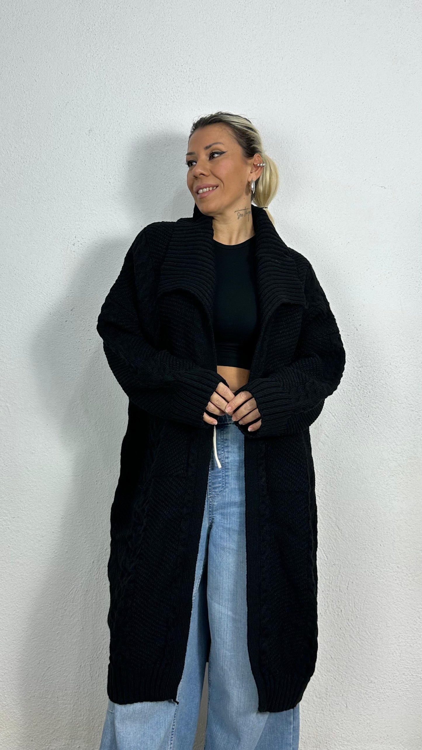 Nunu By Balıksırtı Desenli Siyah Oversize Hırka