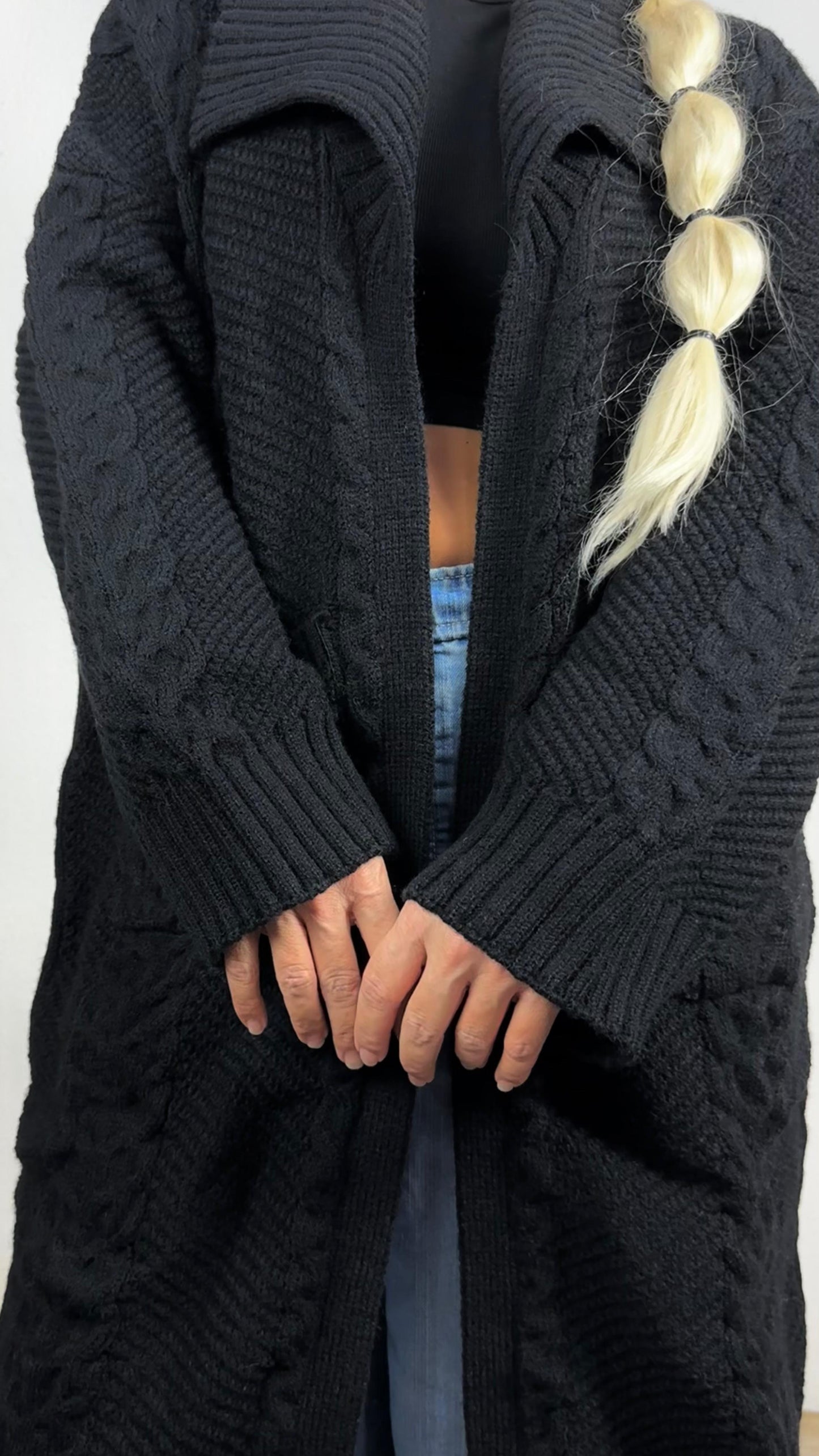 Nunu By Balıksırtı Desenli Siyah Oversize Hırka