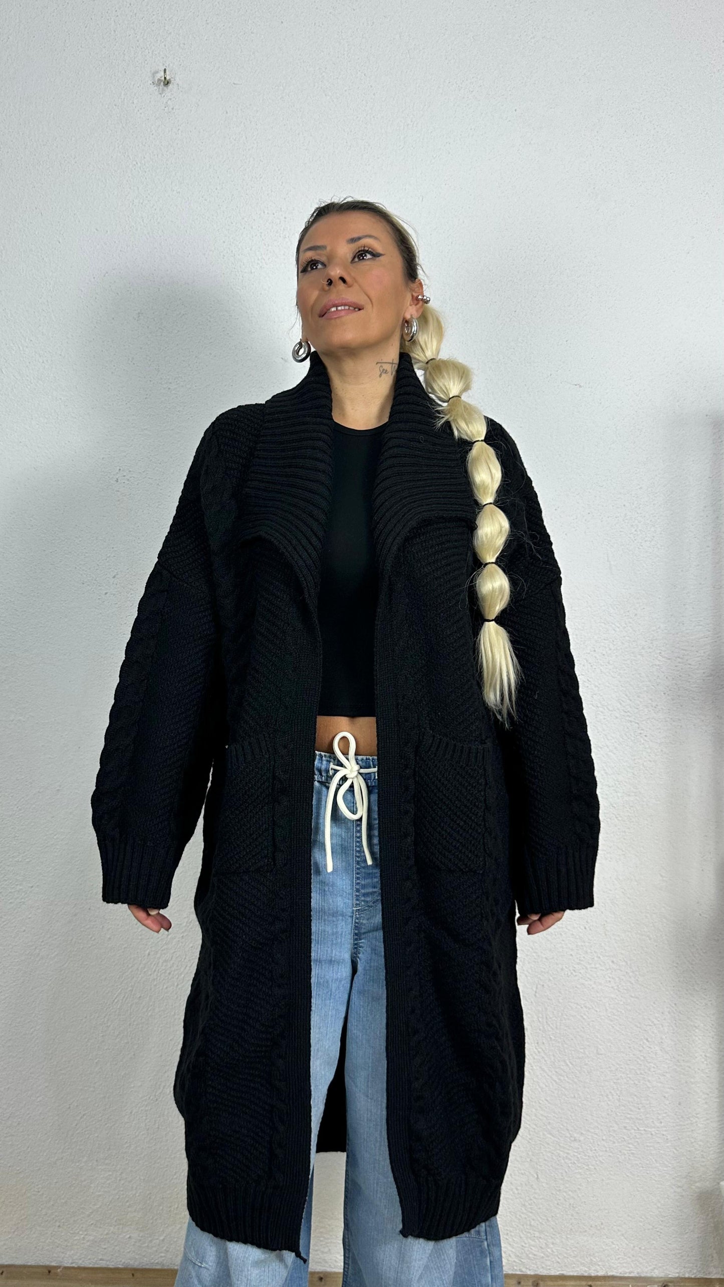 Nunu By Balıksırtı Desenli Siyah Oversize Hırka