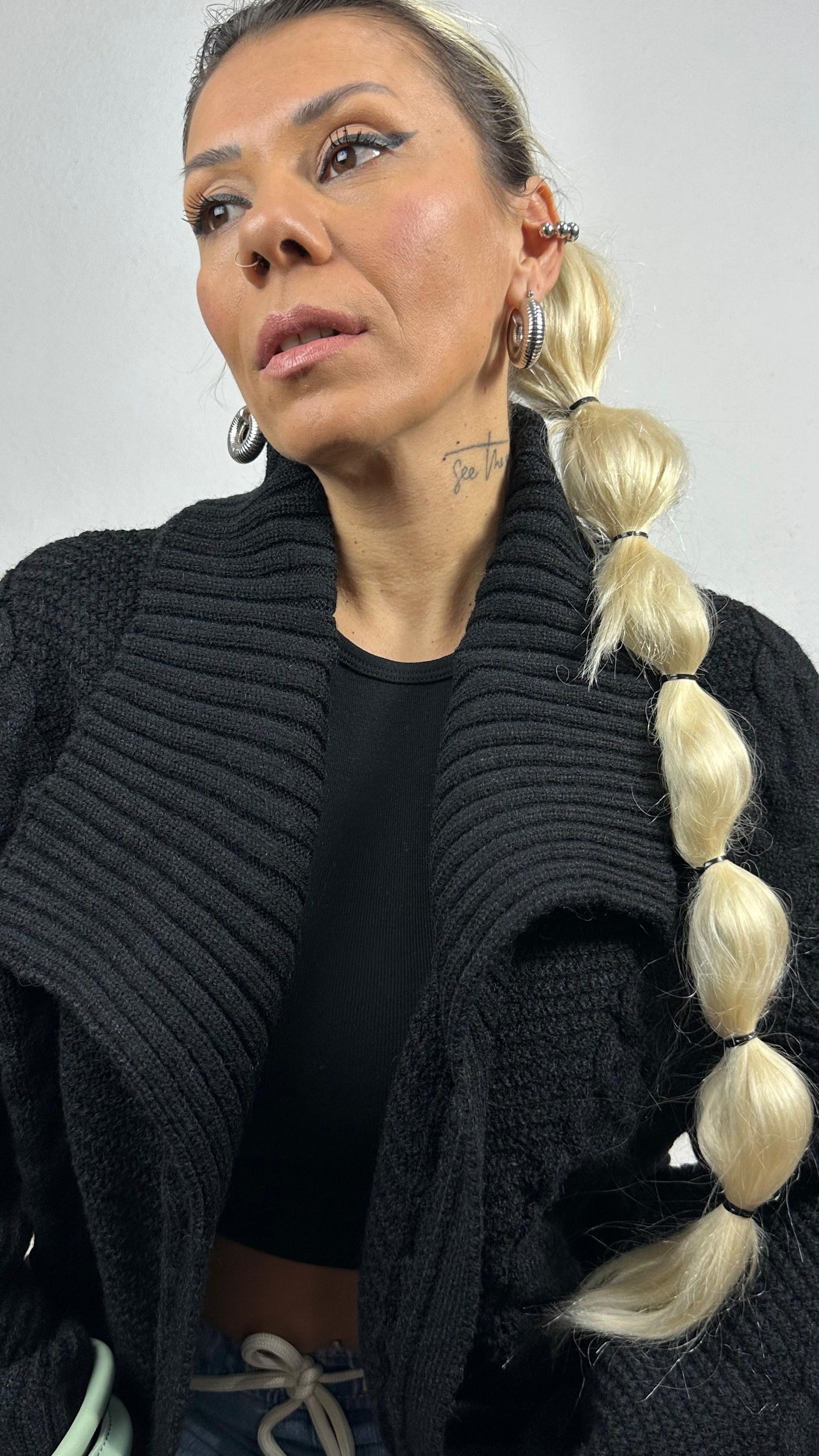 Nunu By Balıksırtı Desenli Siyah Oversize Hırka