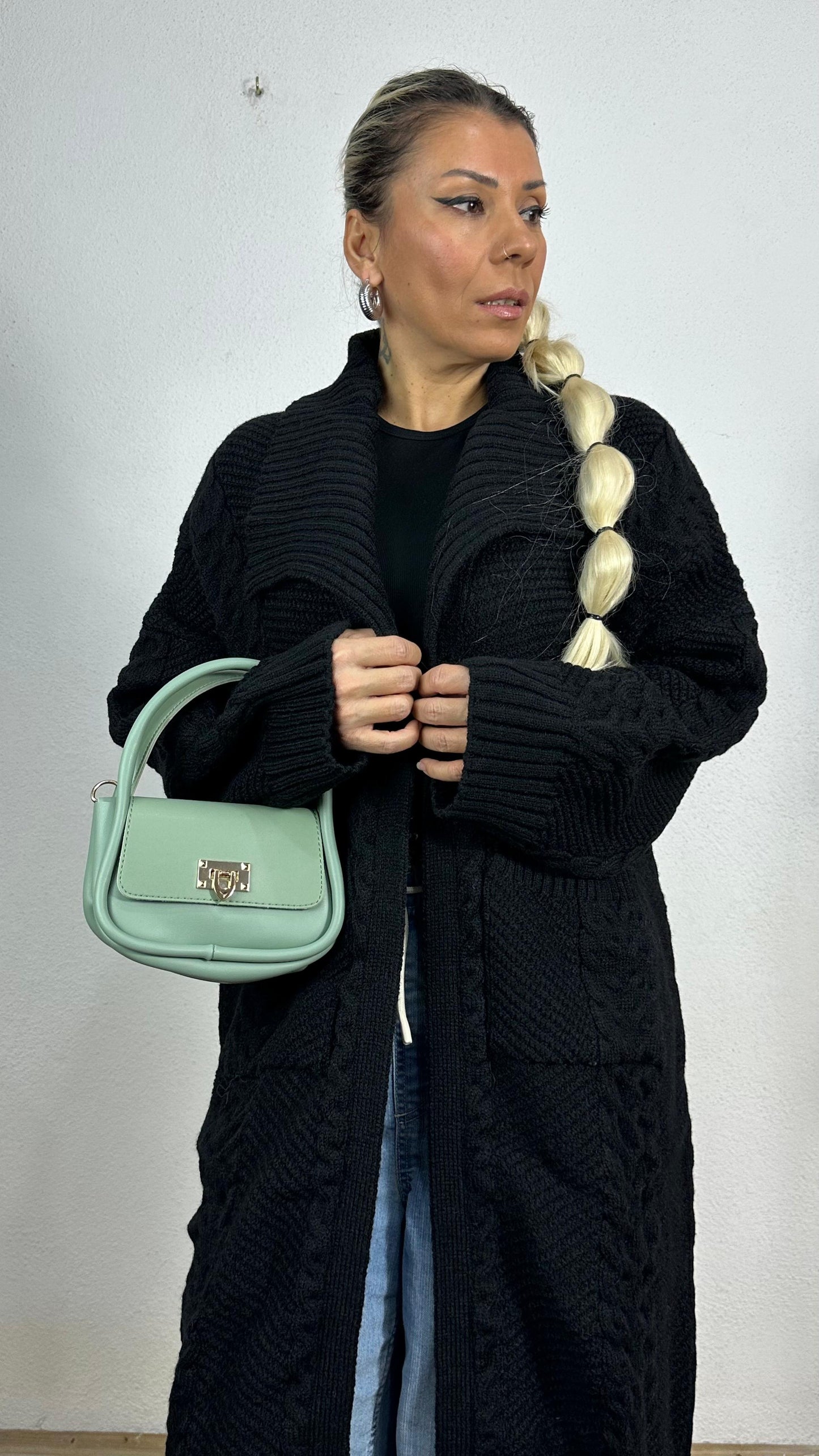 Nunu By Balıksırtı Desenli Siyah Oversize Hırka