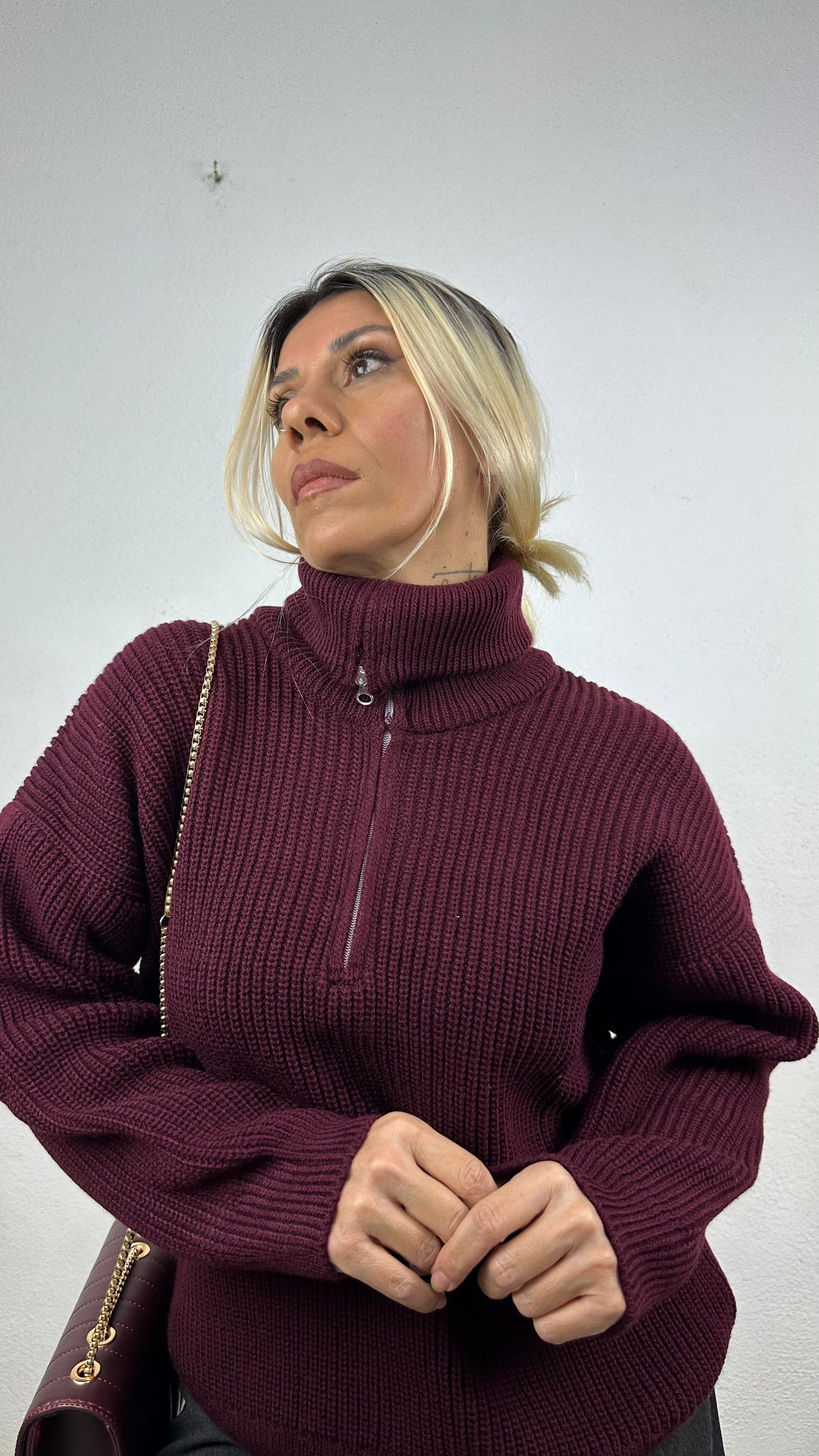 Nunu By Cosy Comfort Bordo Polo Yaka Fermuarlı Kazak