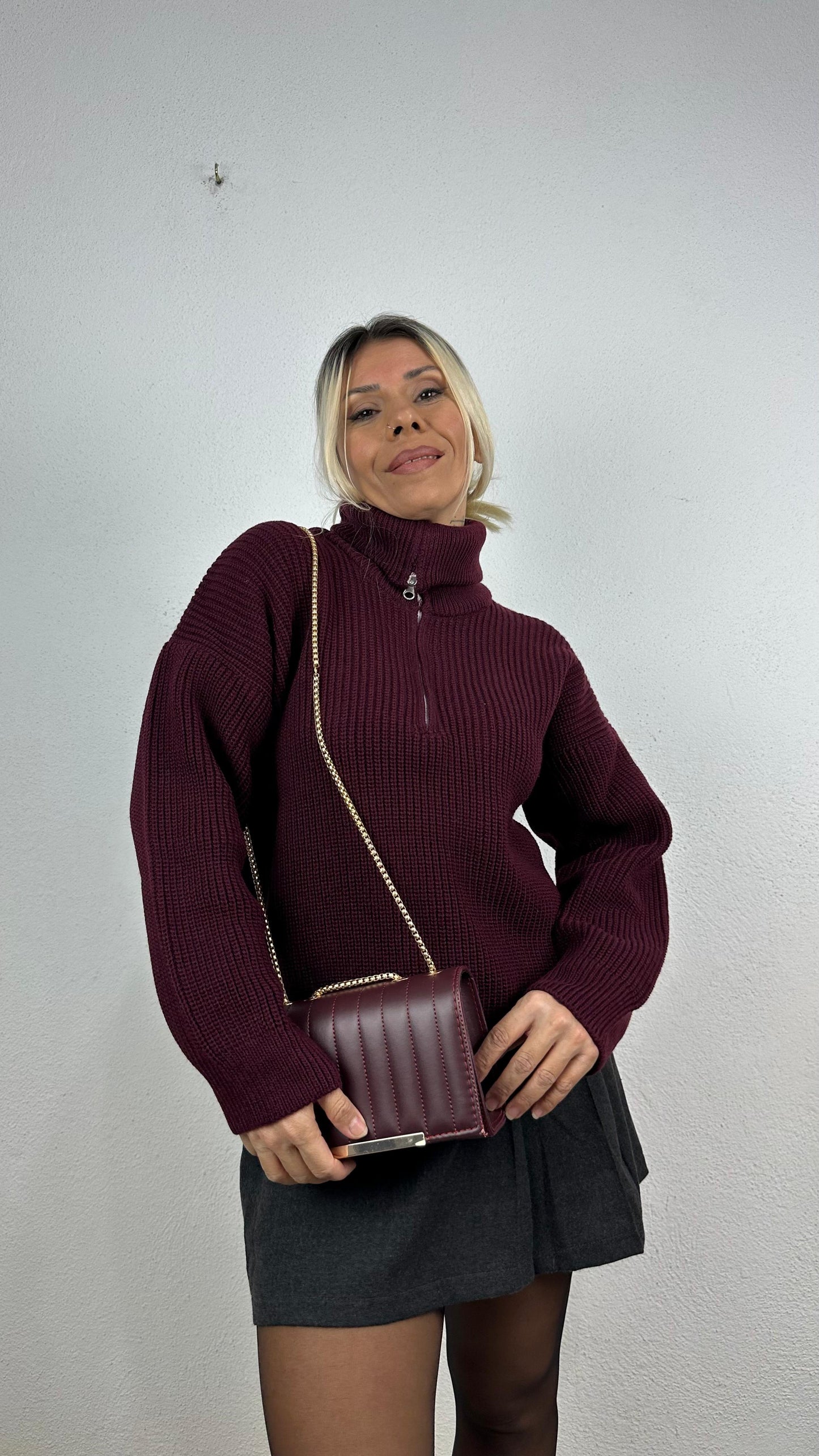 Nunu By Cosy Comfort Bordo Polo Yaka Fermuarlı Kazak