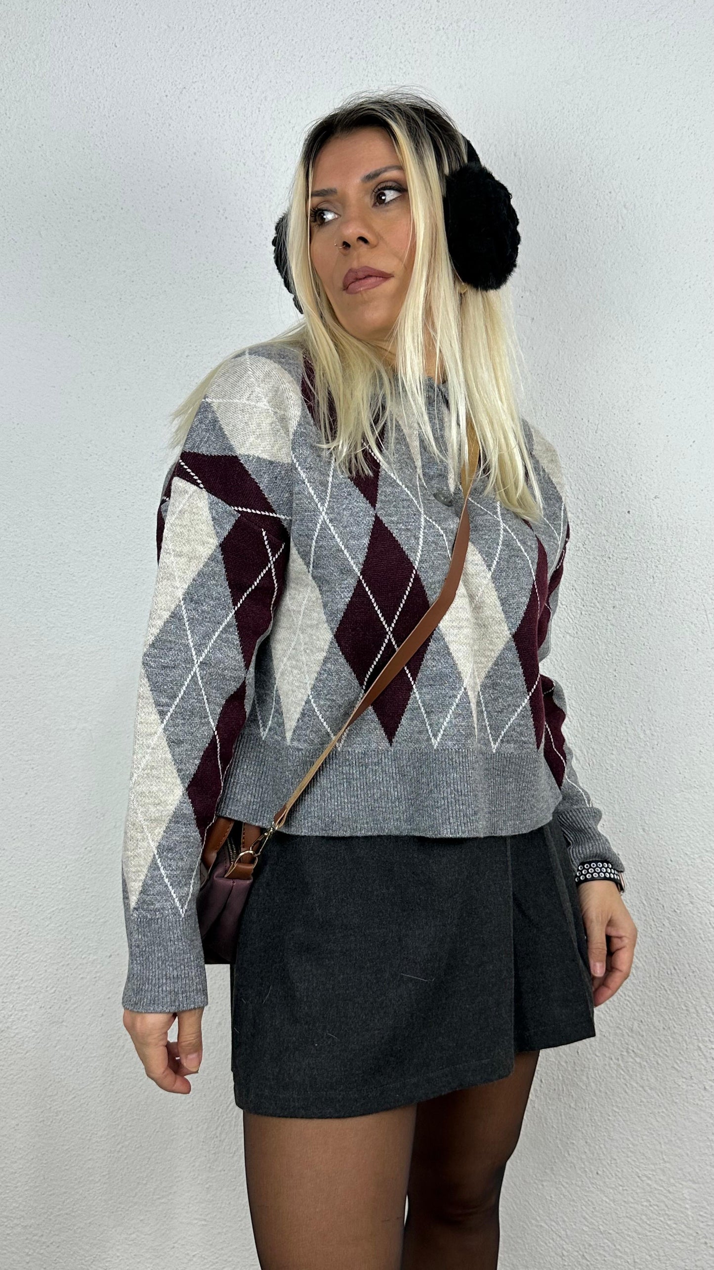 Nunu By Cozy Polo Yaka Gri Bordo Küçük Baklavalı Kolej Kazak