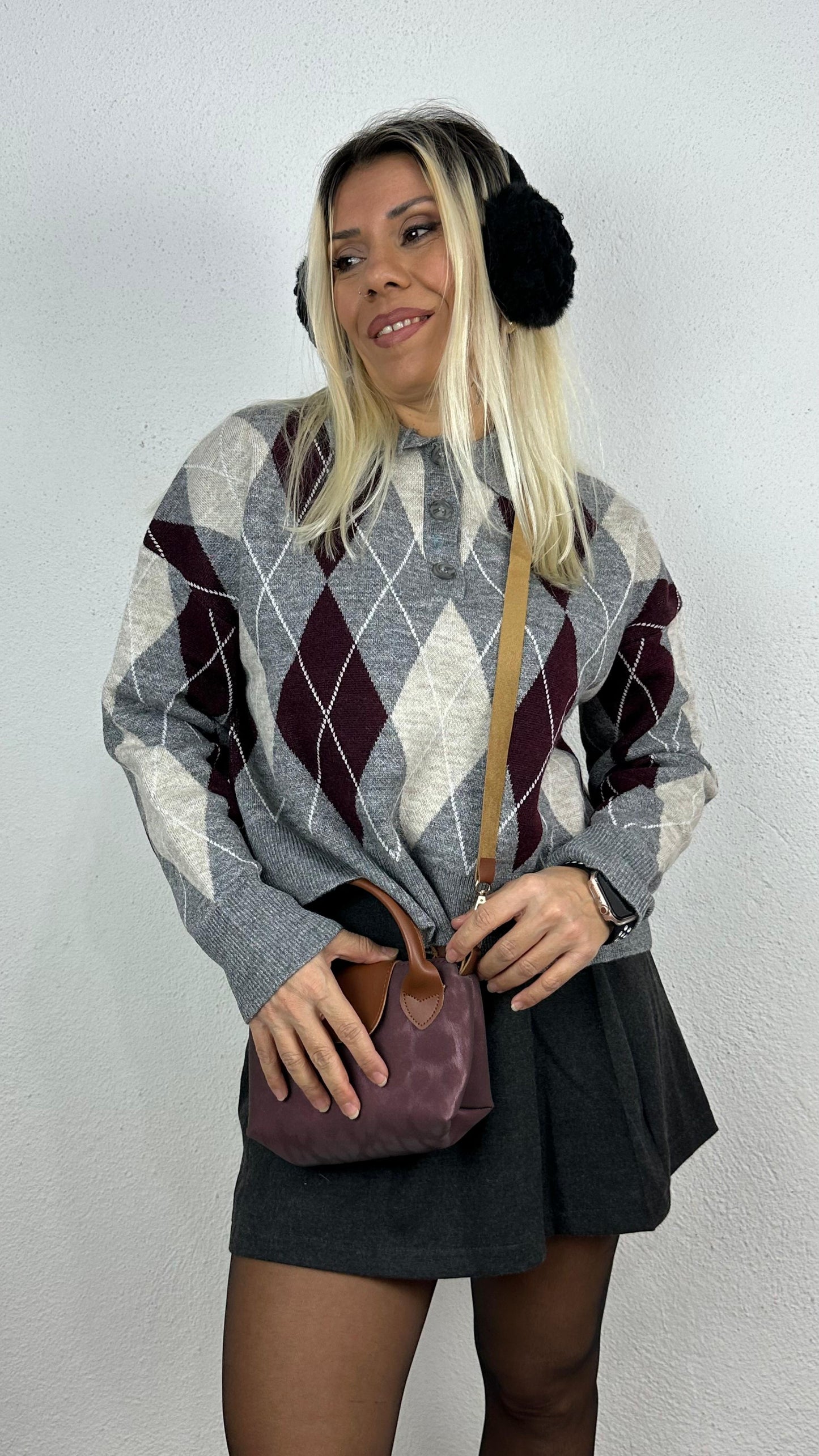 Nunu By Cozy Polo Yaka Gri Bordo Küçük Baklavalı Kolej Kazak