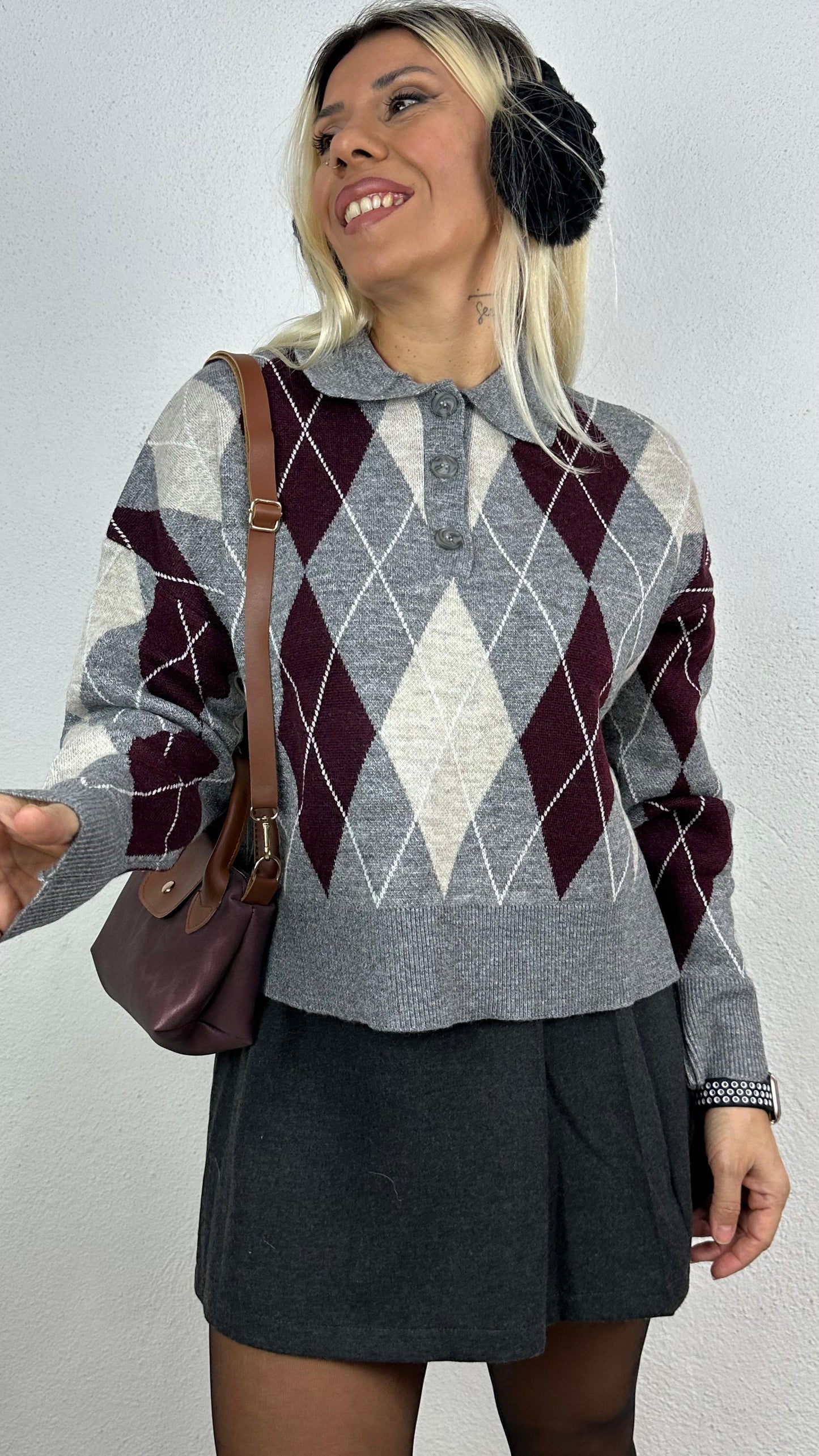 Nunu By Cozy Polo Yaka Gri Bordo Küçük Baklavalı Kolej Kazak