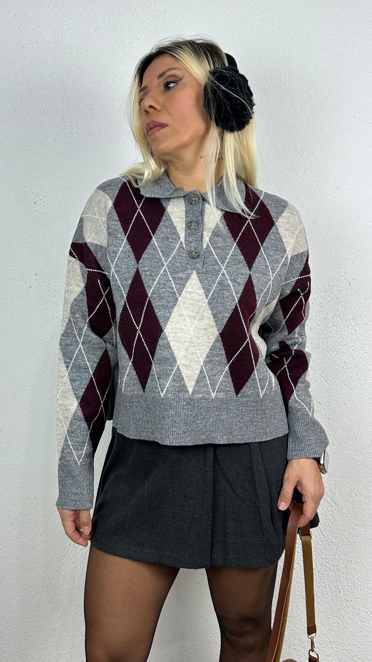 Nunu By Cozy Polo Yaka Gri Bordo Küçük Baklavalı Kolej Kazak
