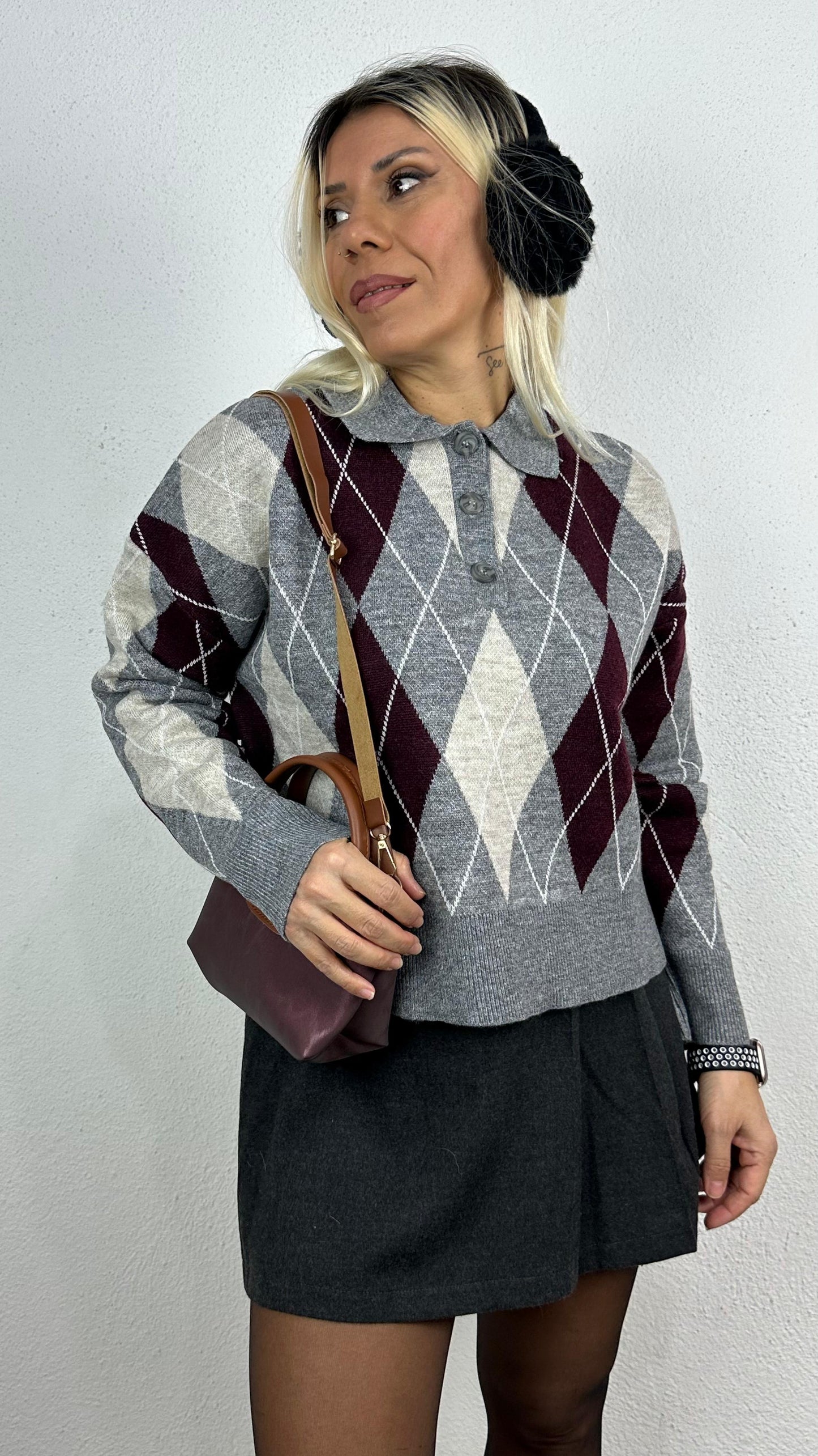 Nunu By Cozy Polo Yaka Gri Bordo Küçük Baklavalı Kolej Kazak