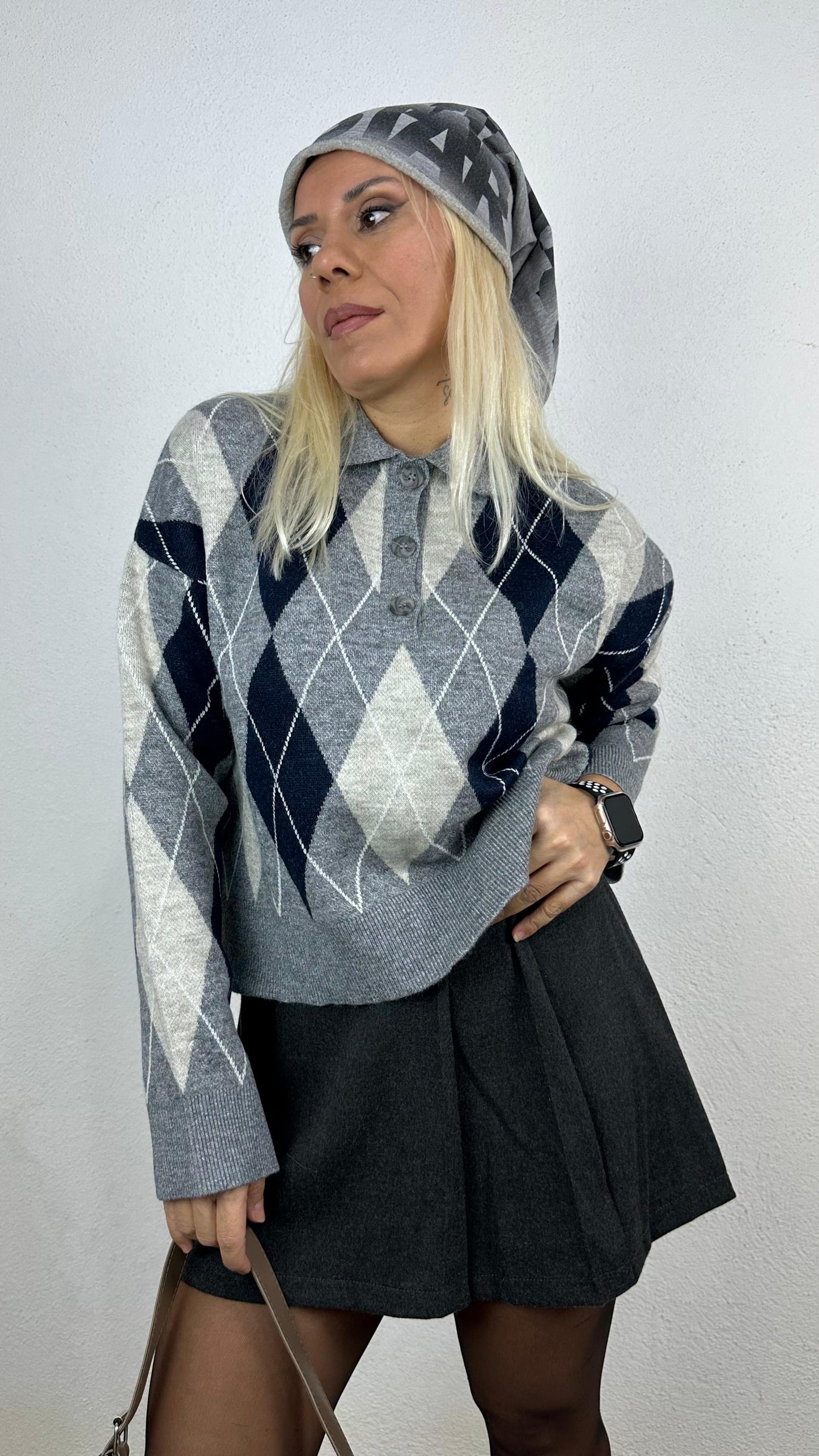Nunu By Cozy Polo Yaka Gri Lacivert Küçük Baklavalı Kolej Kazak