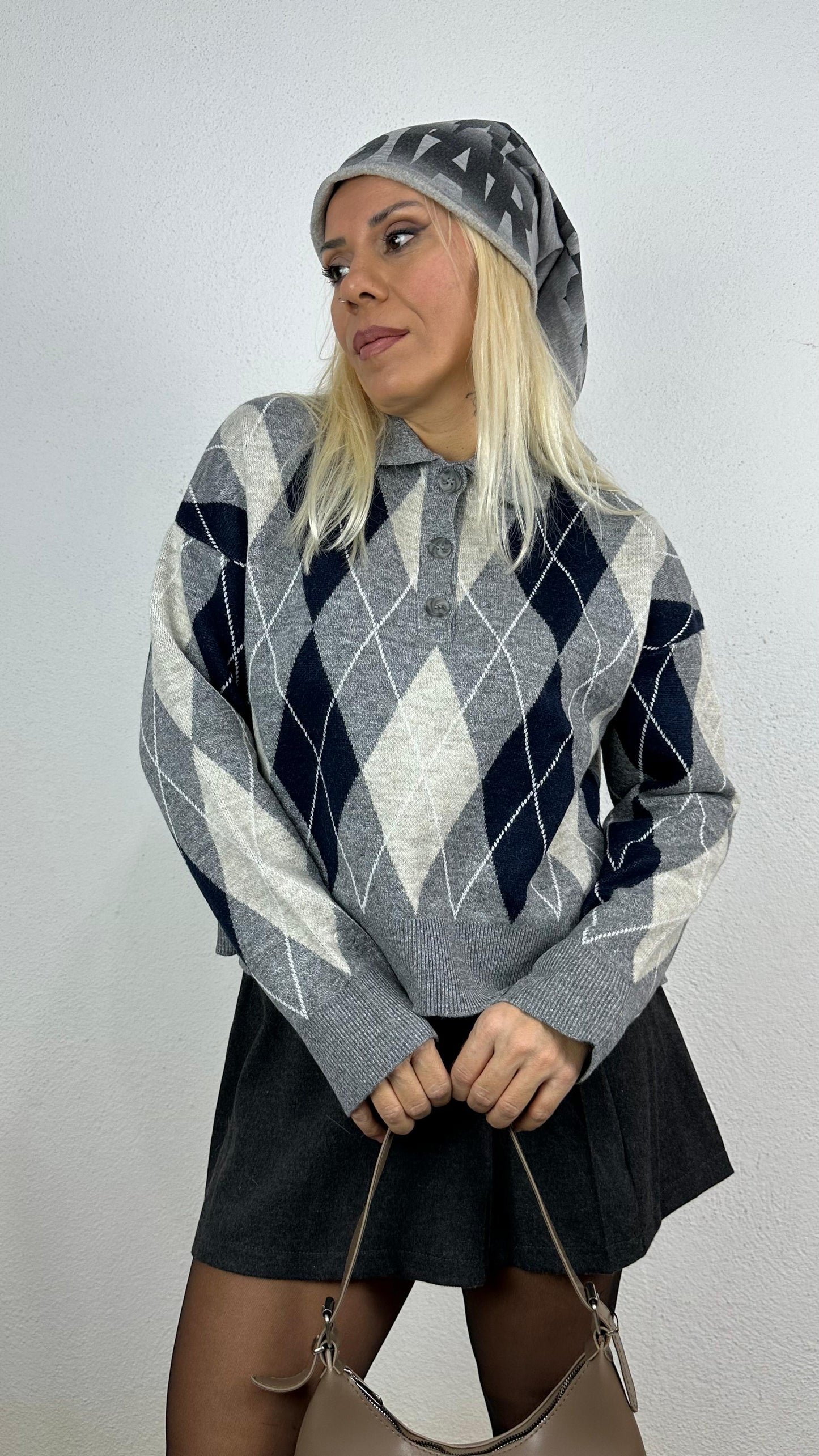 Nunu By Cozy Polo Yaka Gri Lacivert Küçük Baklavalı Kolej Kazak