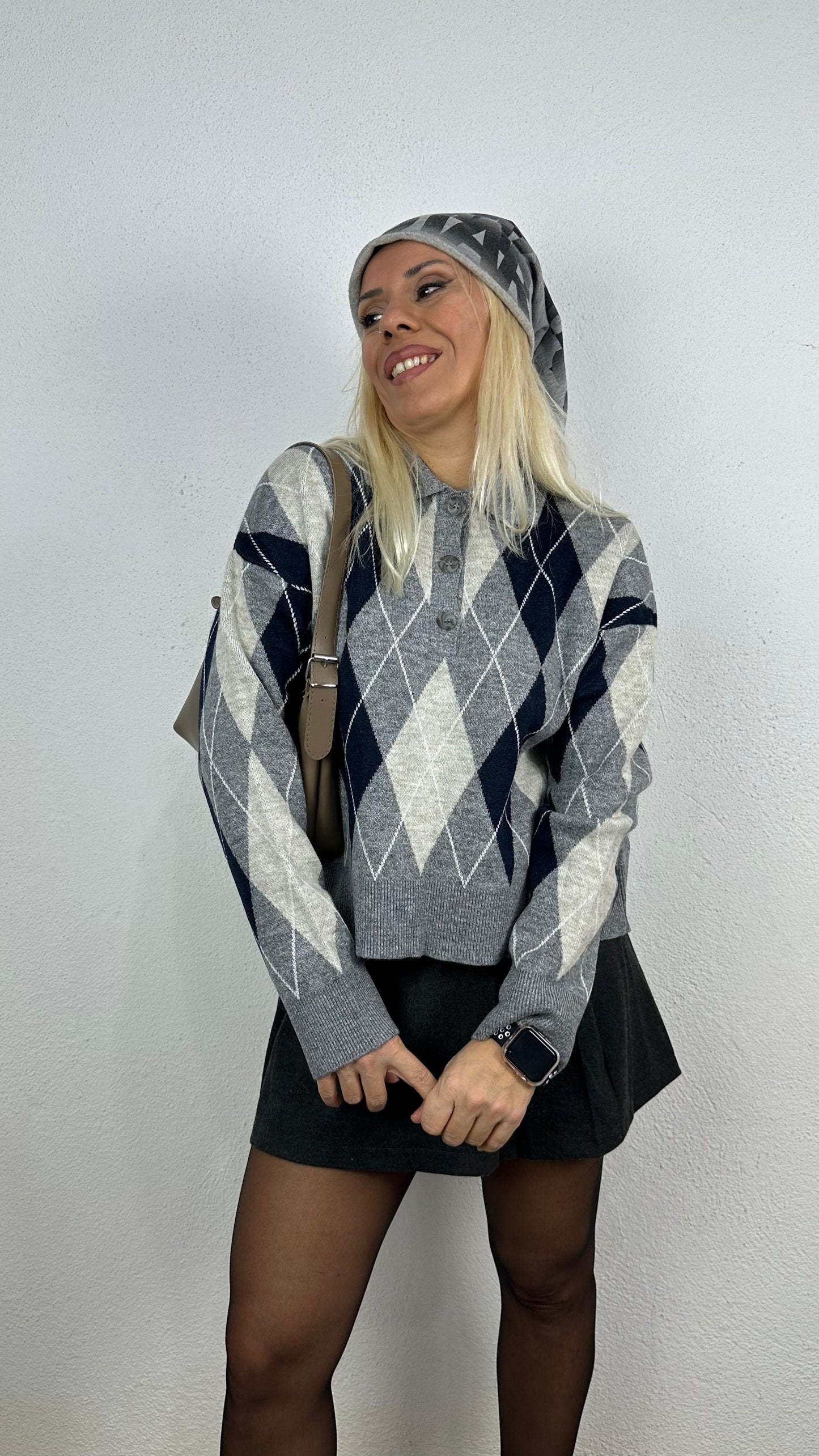 Nunu By Cozy Polo Yaka Gri Lacivert Küçük Baklavalı Kolej Kazak