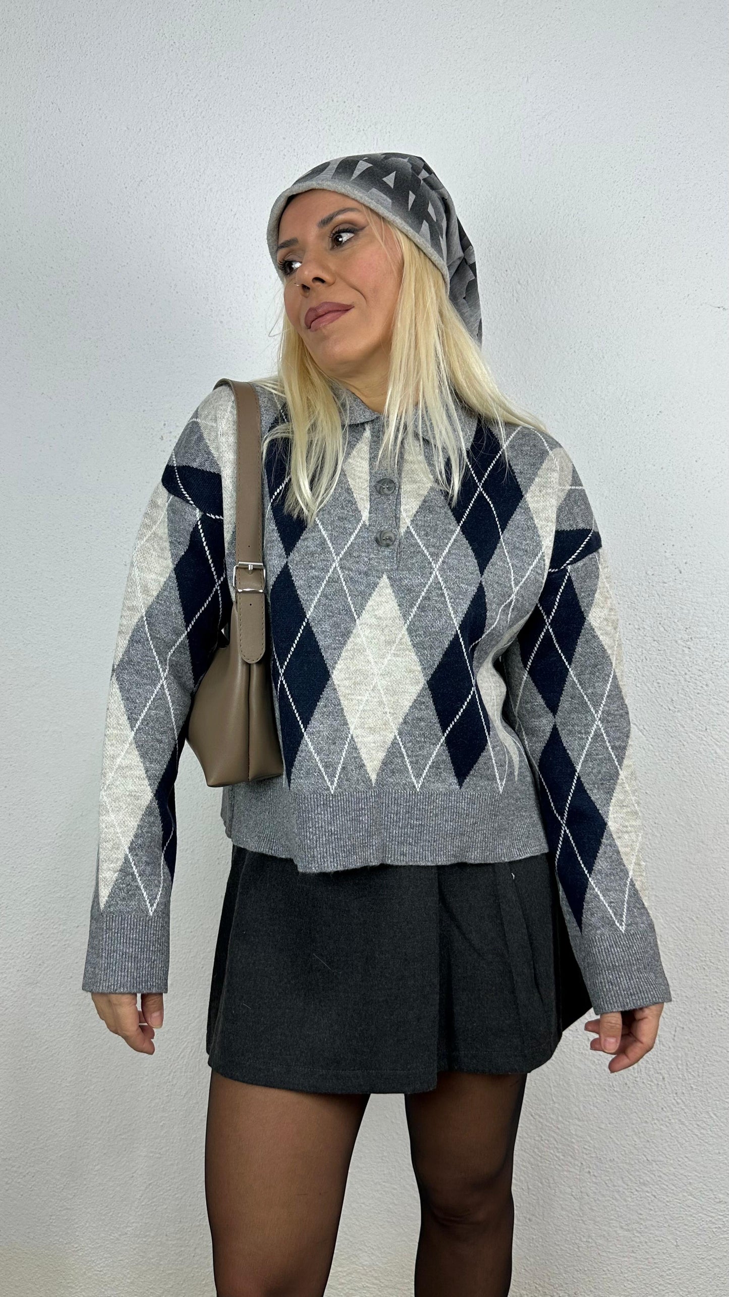 Nunu By Cozy Polo Yaka Gri Lacivert Küçük Baklavalı Kolej Kazak