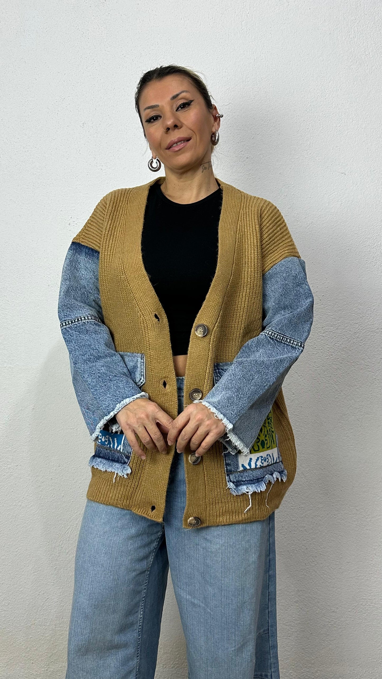 Nunu By Denim Detaylı Camel Oversize Hırka