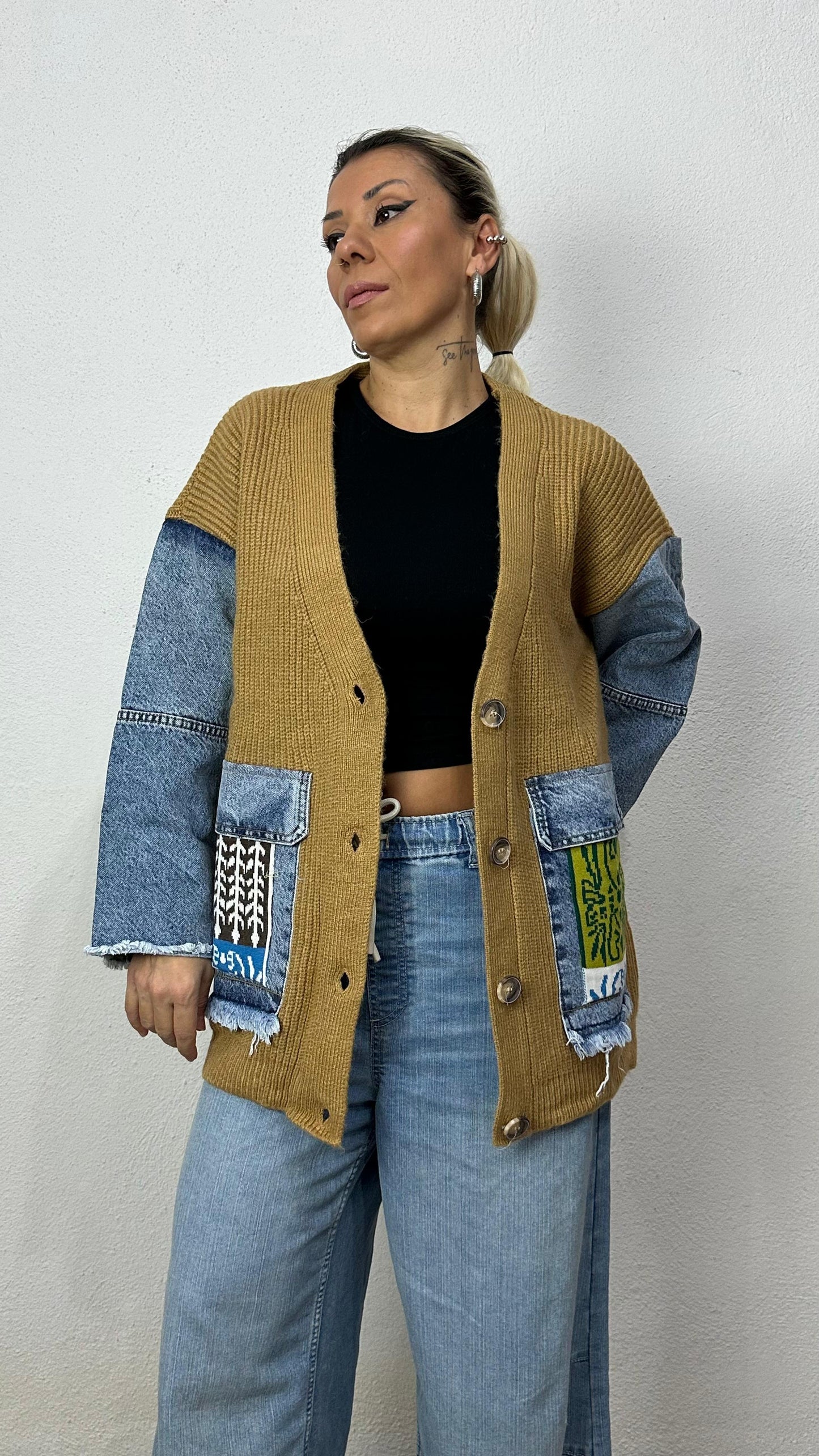 Nunu By Denim Detaylı Camel Oversize Hırka